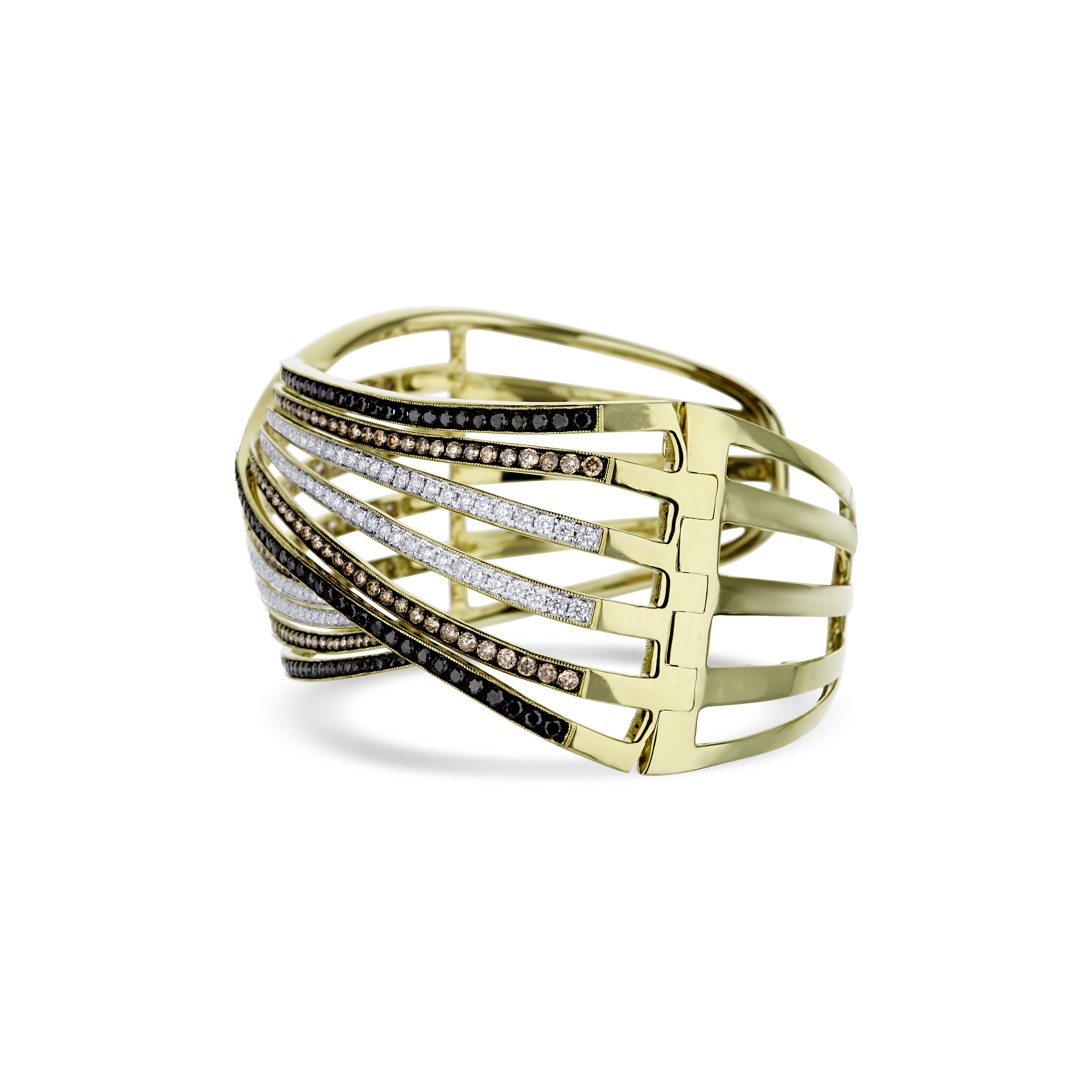 14K Yellow Gold "Dabakaov" Multi Color Diamond Row Designer Bangle 124 Round Black Diamonds