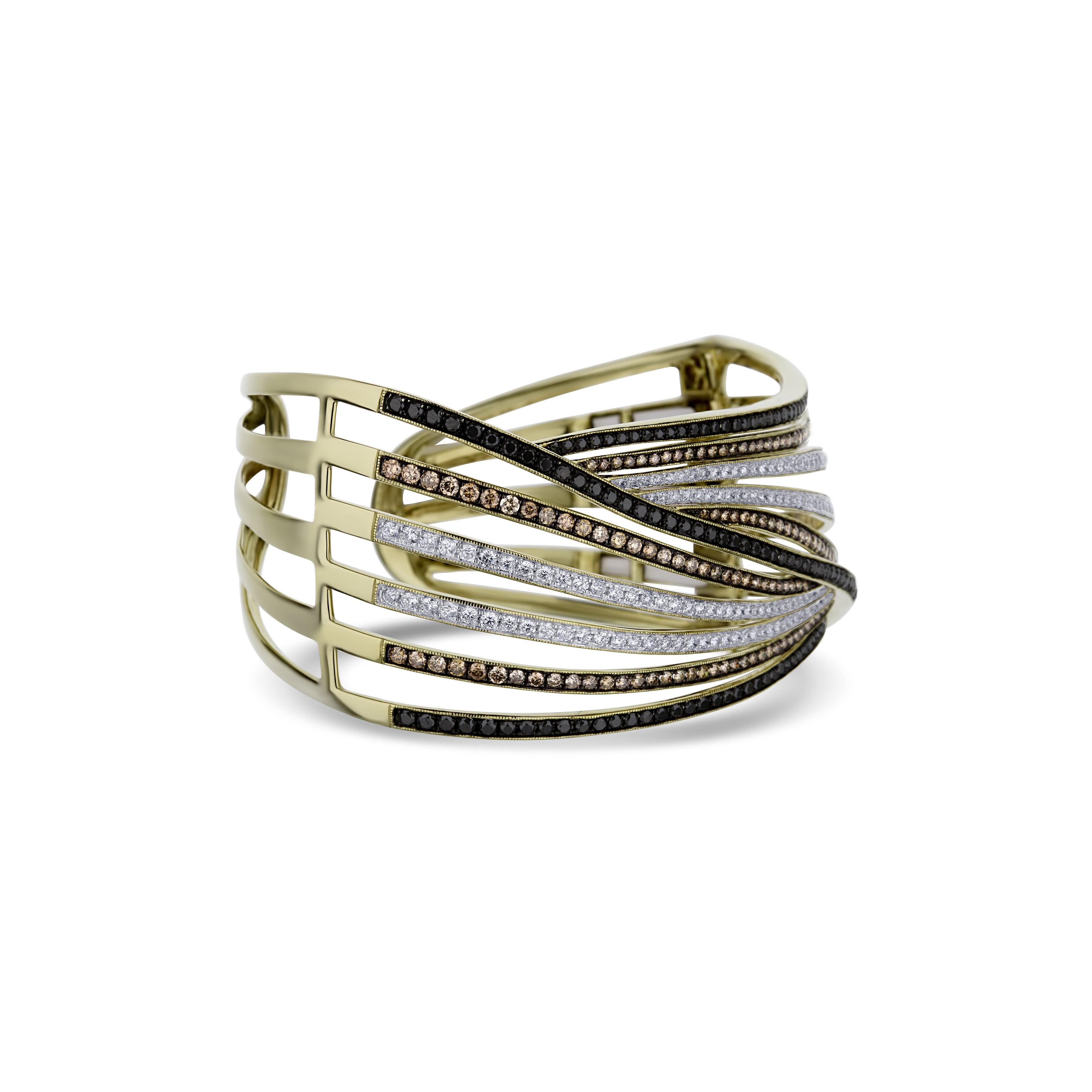 14K Yellow Gold "Dabakaov" Multi Color Diamond Row Designer Bangle 124 Round Black Diamonds