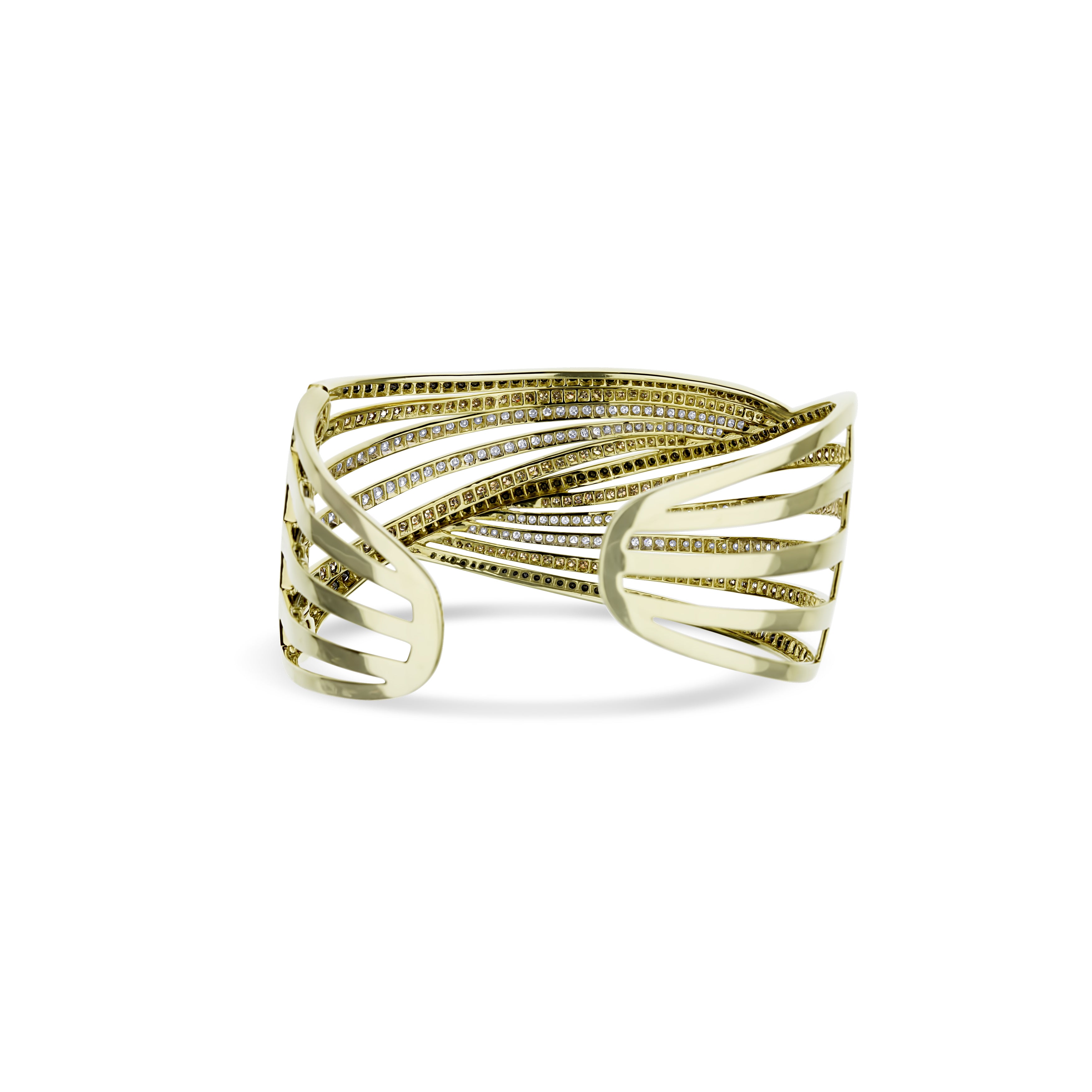 14K Yellow Gold "Dabakaov" Multi Color Diamond Row Designer Bangle 124 Round Black Diamonds