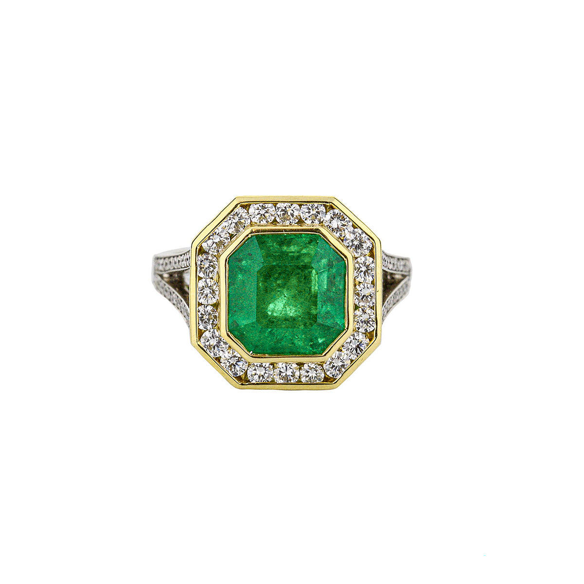 Platinum & 18K Yellow Gold Emerald Diamond Halo Ring