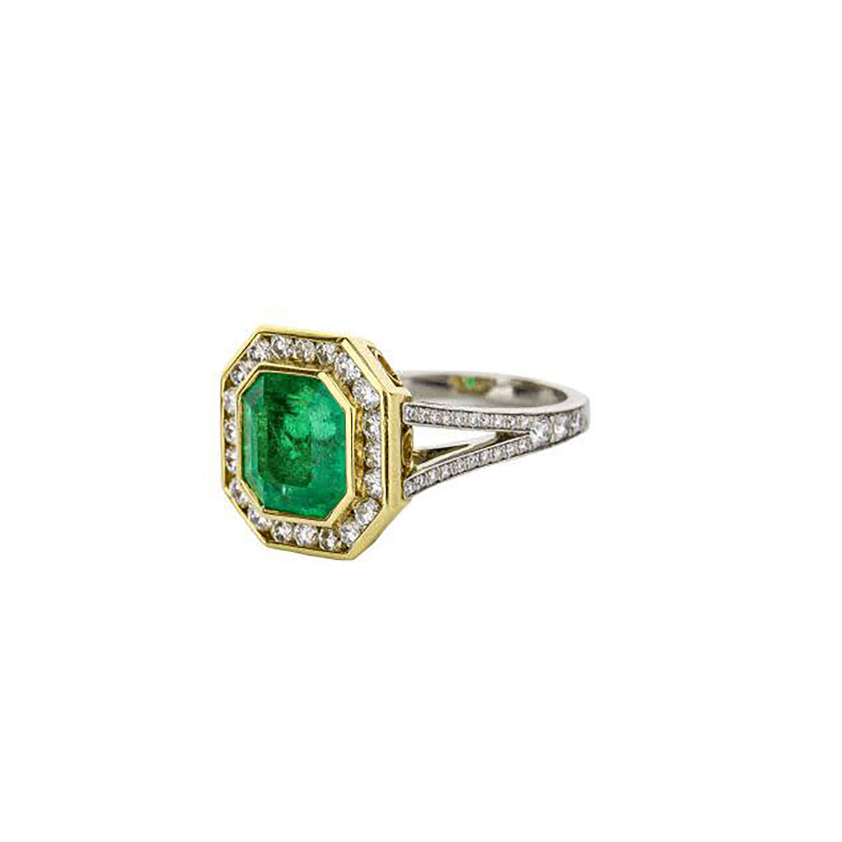 Platinum & 18K Yellow Gold Emerald Diamond Halo Ring