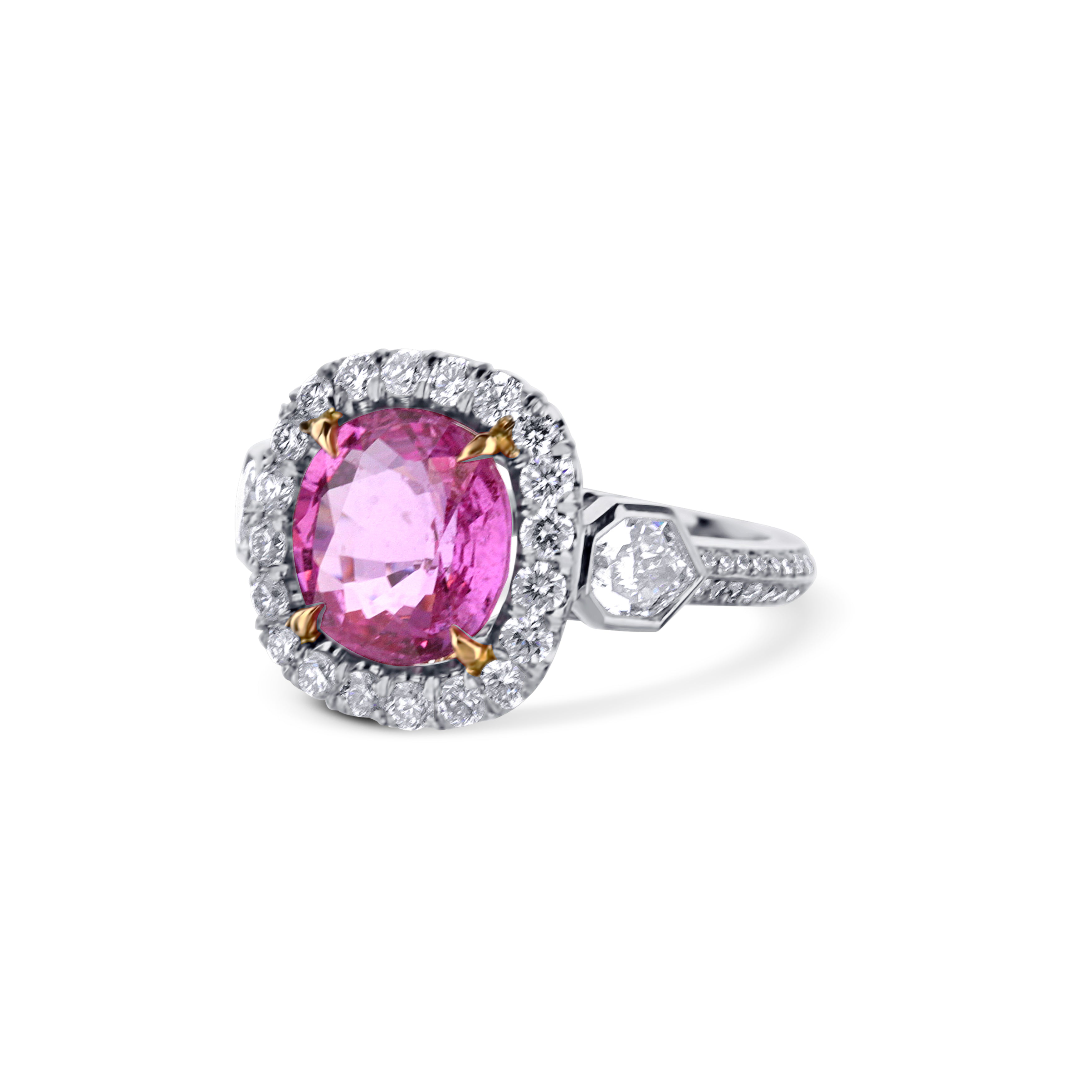Custom Natural Modified Cushion Pink Sapphire Diamond Halo Ring