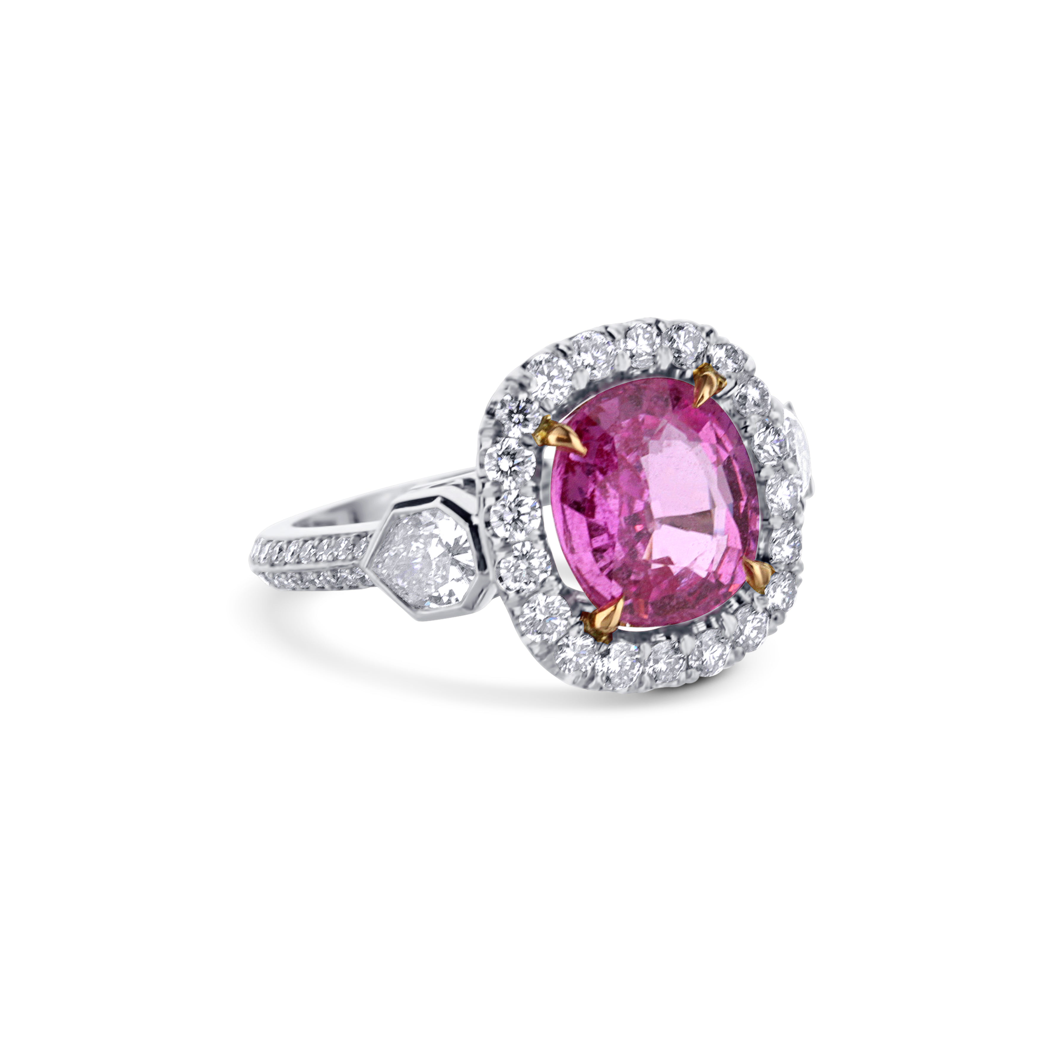 Custom Natural Modified Cushion Pink Sapphire Diamond Halo Ring