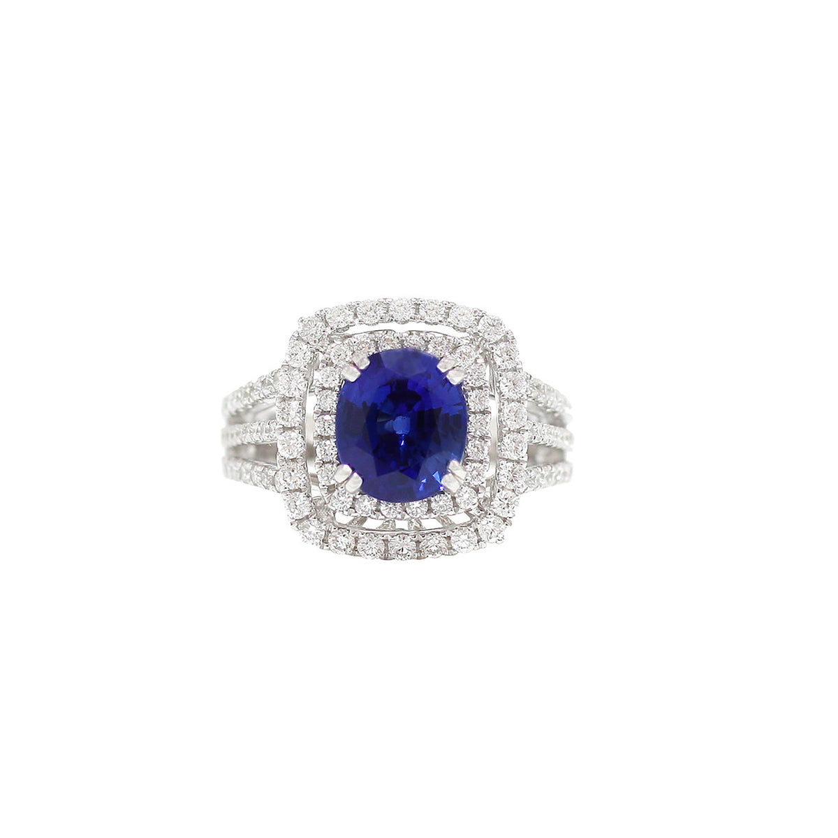 18K White Gold Round Blue Sapphire Double Diamond Halo Split Shank Ring