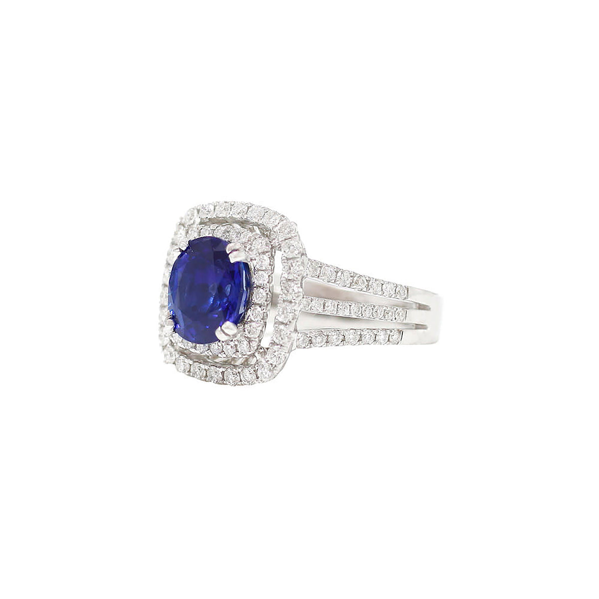 18K White Gold Round Blue Sapphire Double Diamond Halo Split Shank Ring