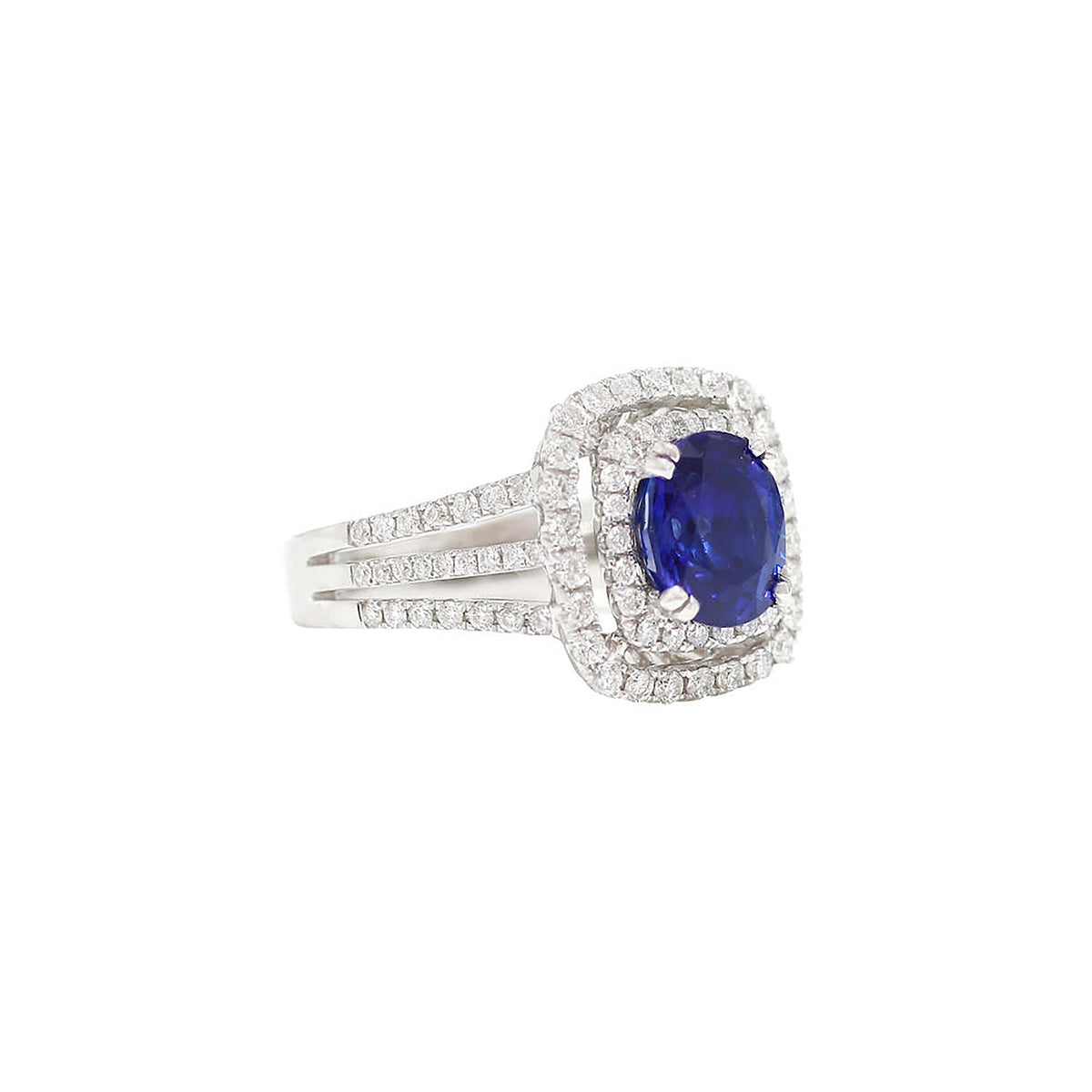 18K White Gold Round Blue Sapphire Double Diamond Halo Split Shank Ring