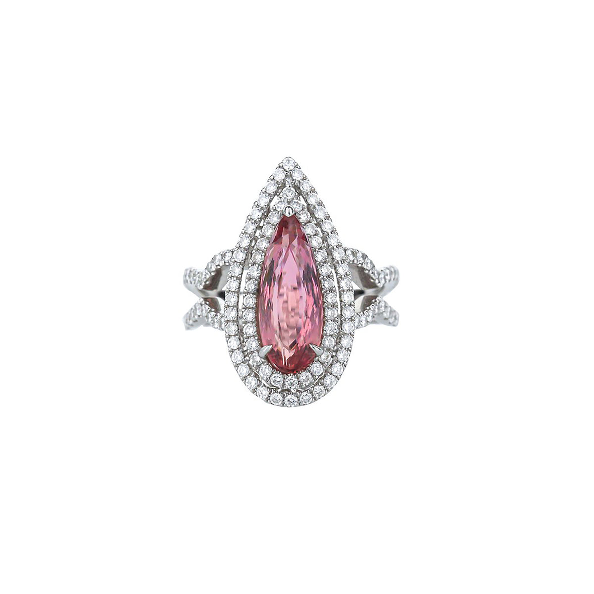 18K White Gold Pear Pink Tourmaline Double Diamond Halo Ring
