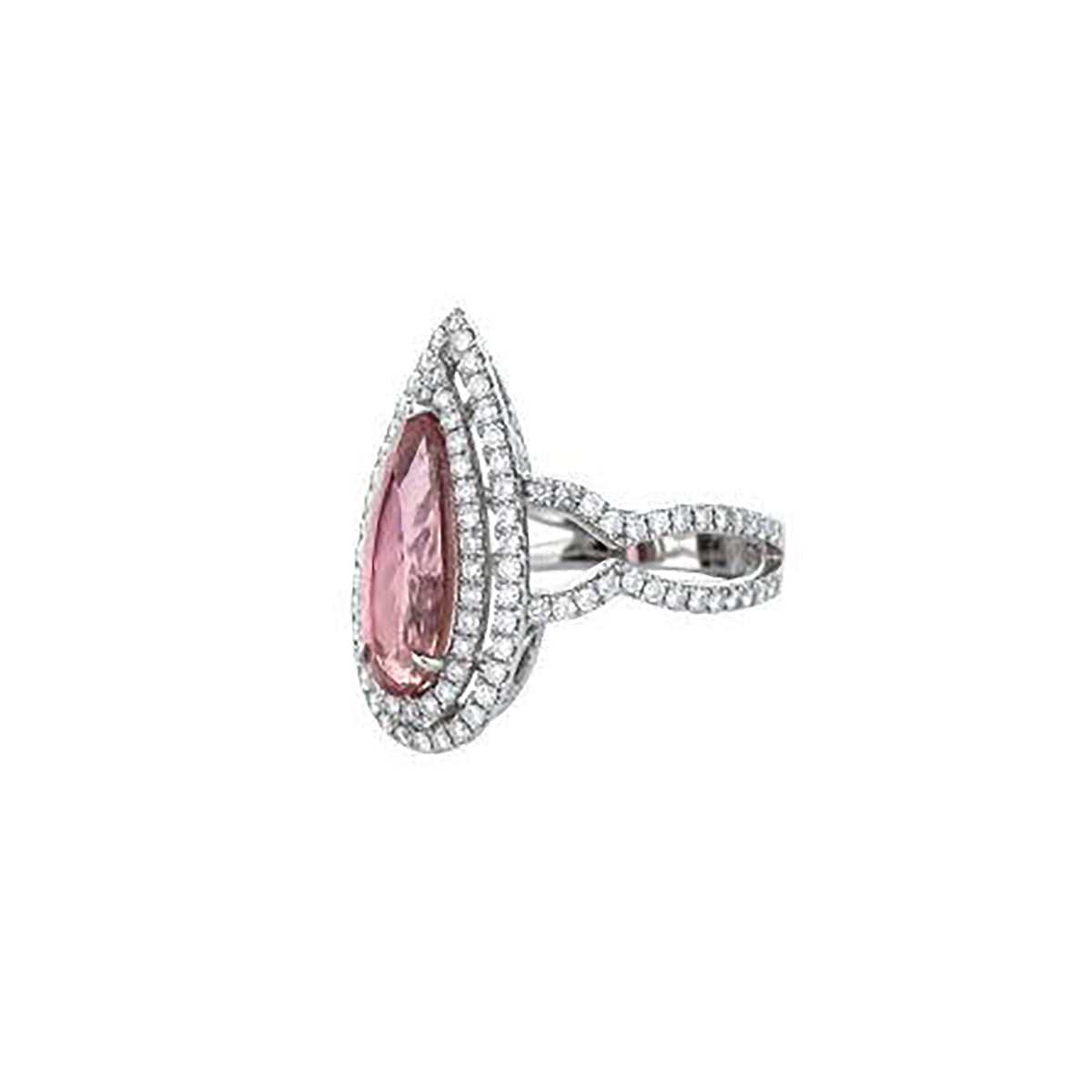 18K White Gold Pear Pink Tourmaline Double Diamond Halo Ring