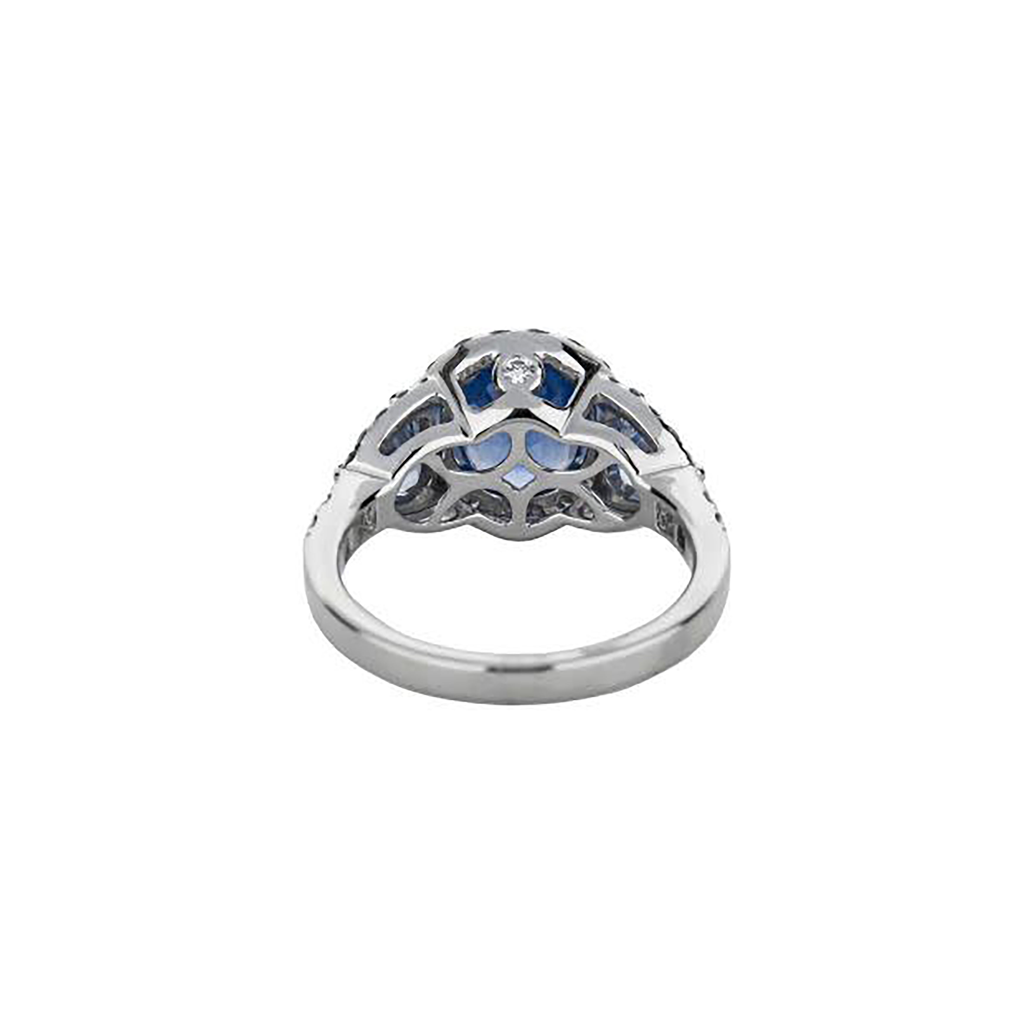 18K White Gold 3 Blue Sapphire Diamond Ring With Triple Halo