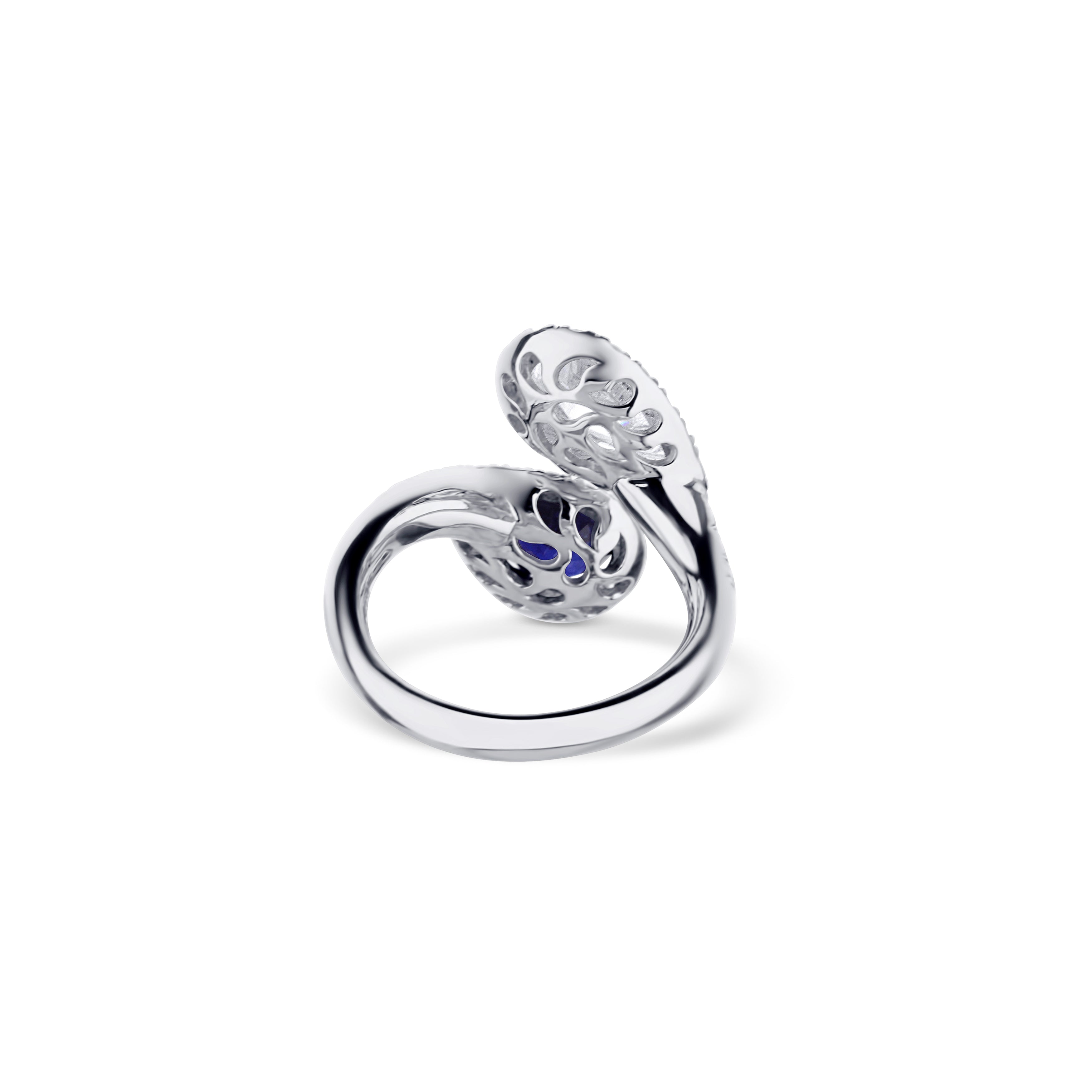 Platinum Blue Pear Cut Sapphire And Pear Cut Diamond Halo Bypass Engagement Ring