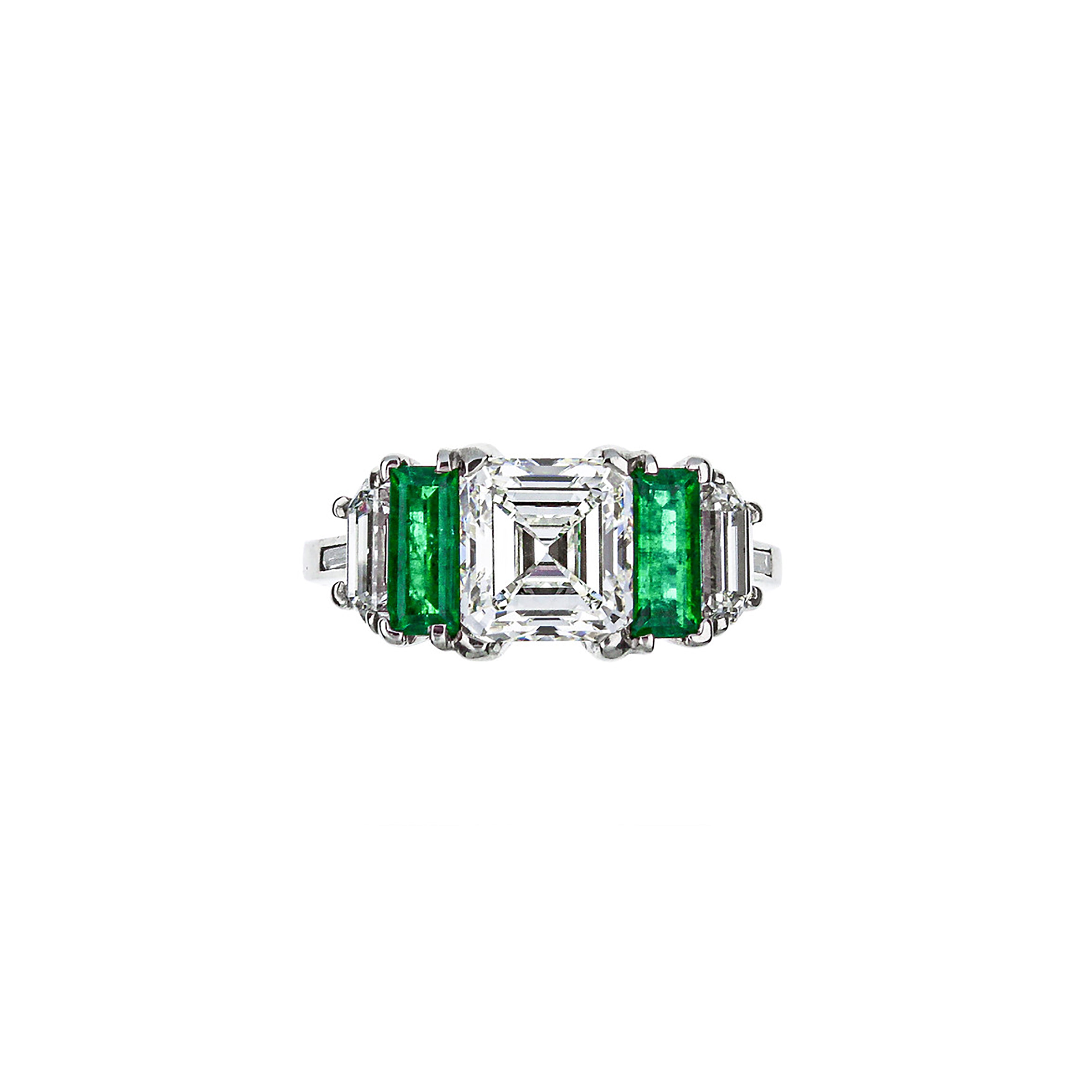 Platinum Antique Emerald Cut Diamond Ring With 2 Accent Emerald And Diamonds
