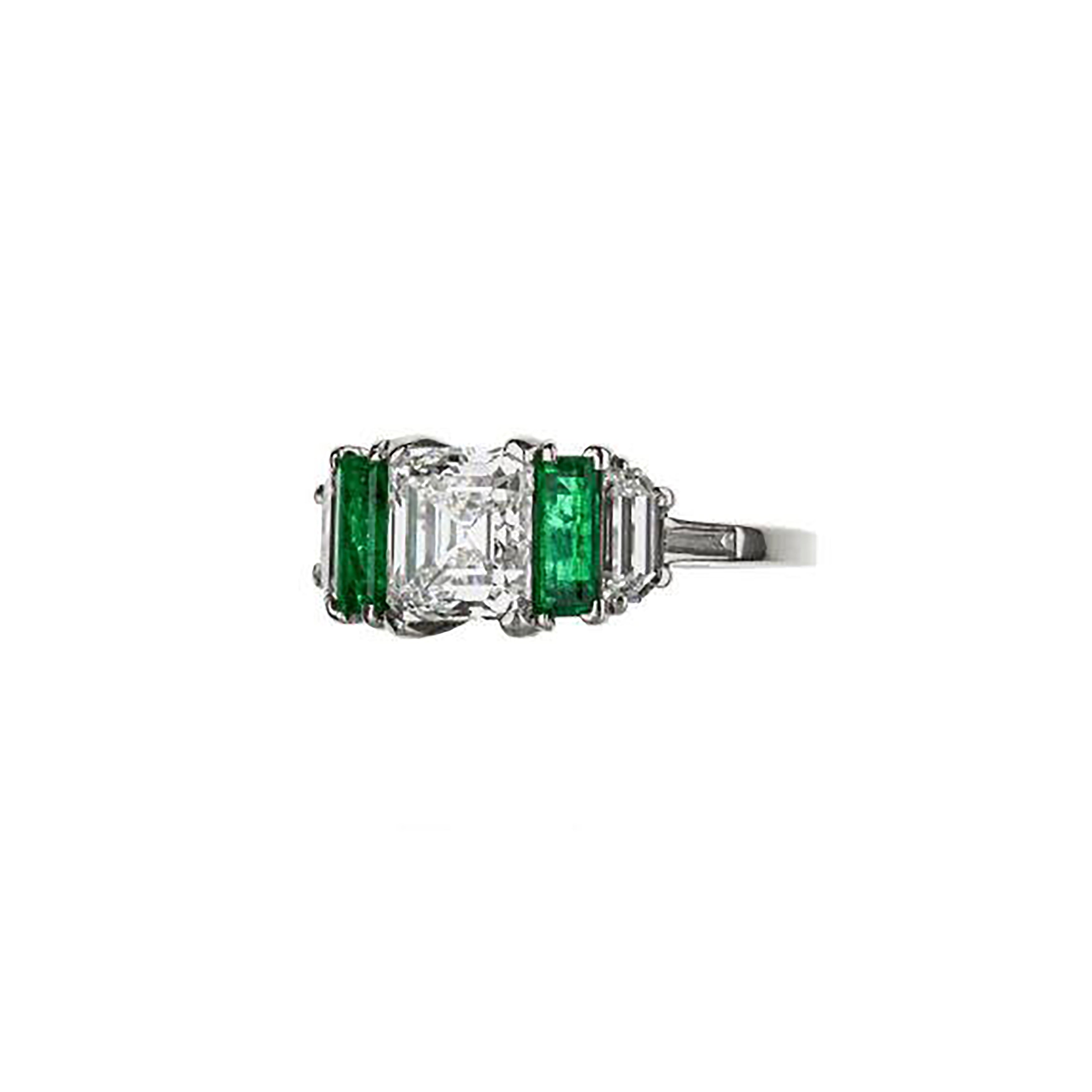Platinum Antique Emerald Cut Diamond Ring With 2 Accent Emerald And Diamonds