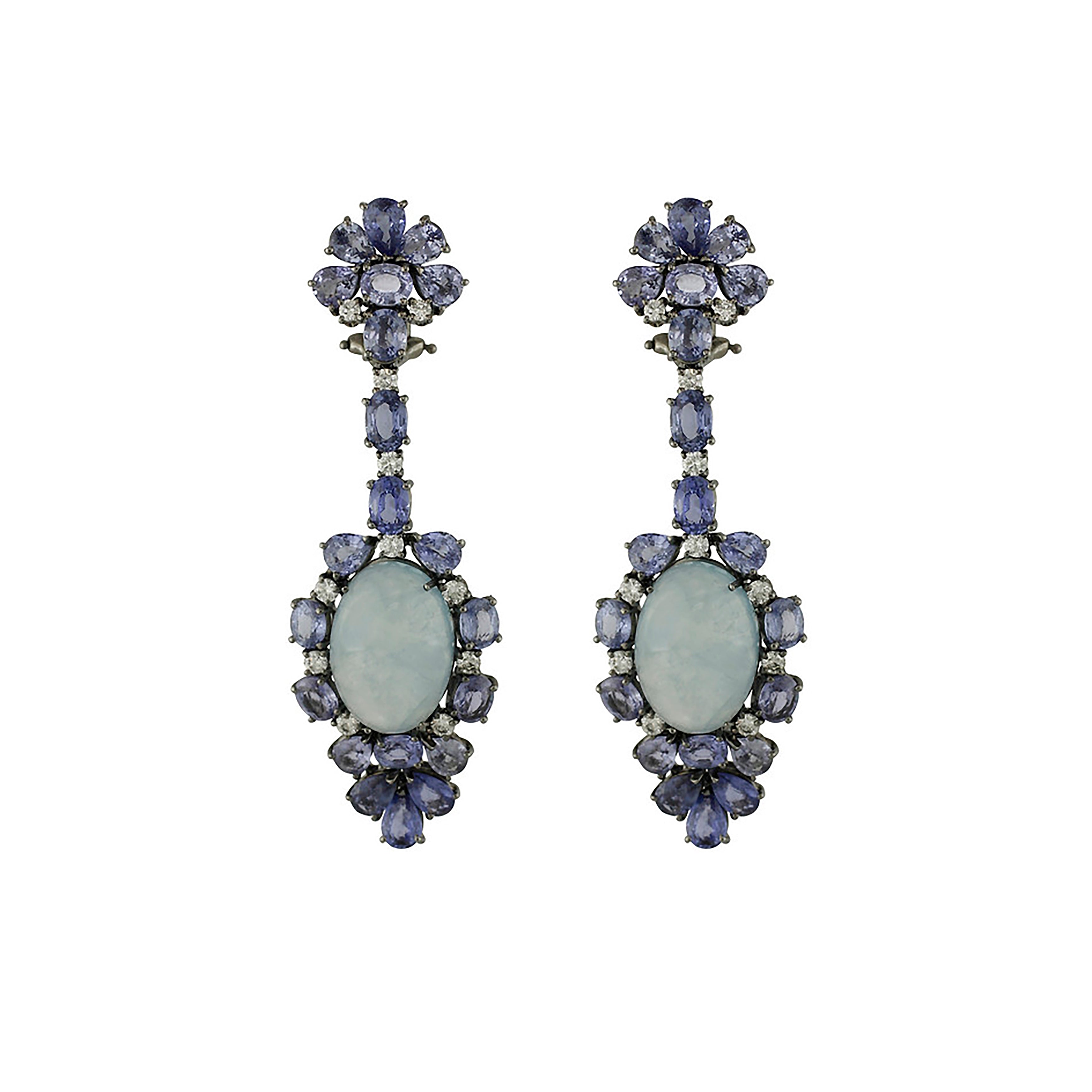 18K White Gold With Black Rhodium-Plated Blue Sapphire Diamond & Aquamarine Dangle Earrings