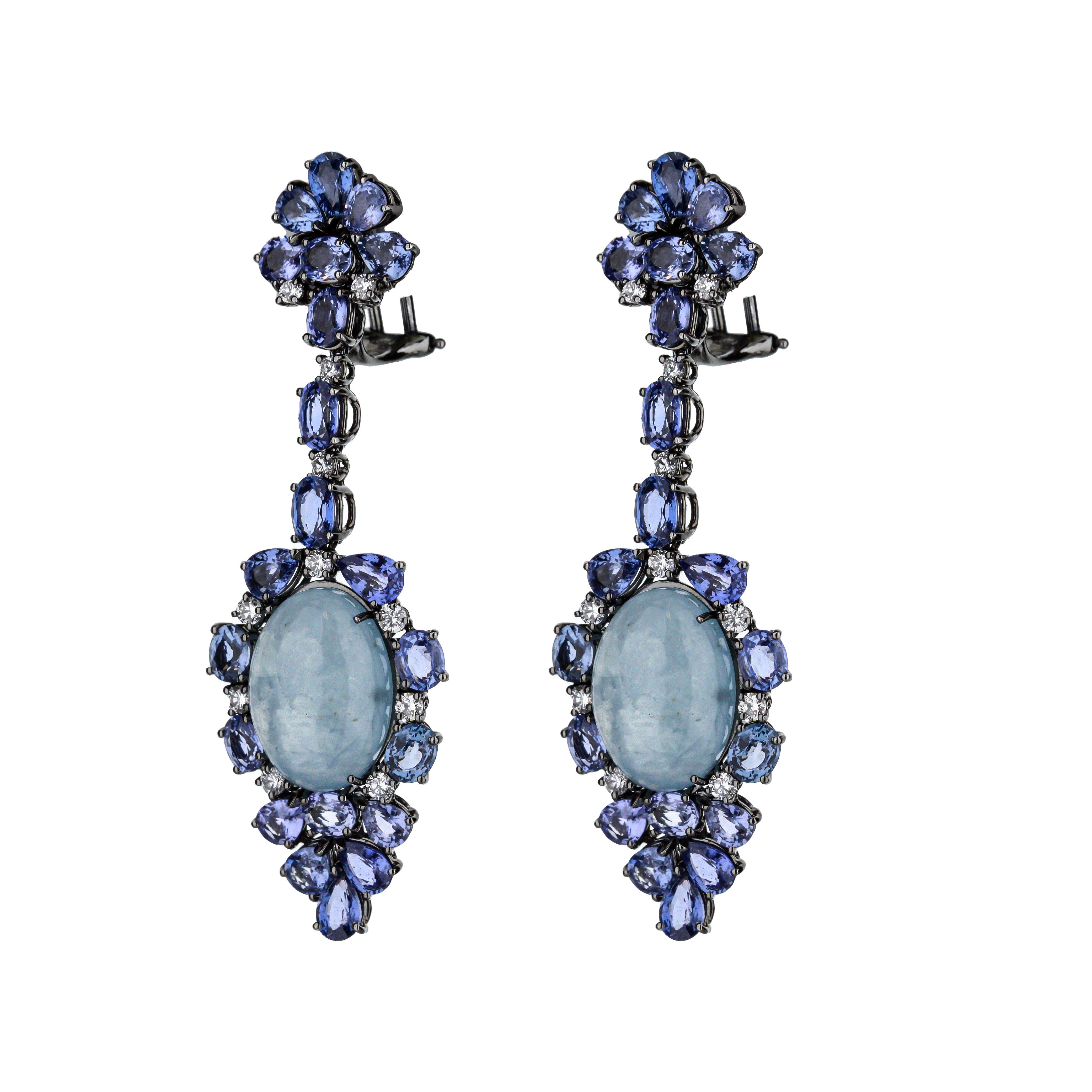 18K White Gold With Black Rhodium-Plated Blue Sapphire Diamond & Aquamarine Dangle Earrings
