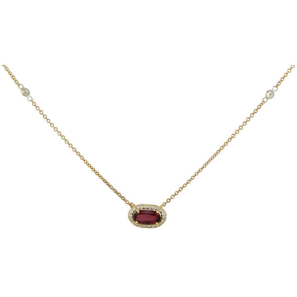 18K Rose Gold Faceted Oval Ruby Diamond Halo Pendant Necklace