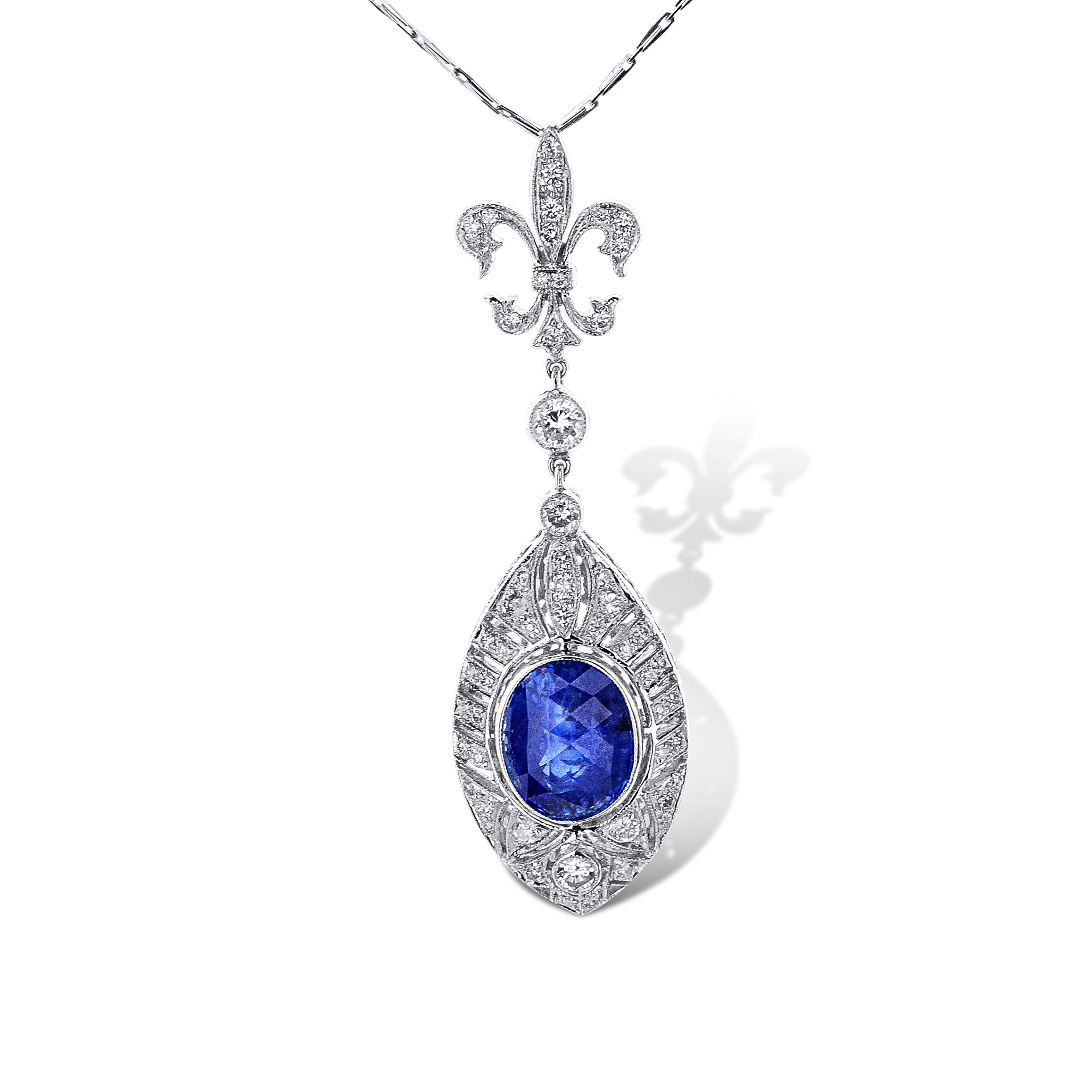 18K White Gold Vintage Sapphire Pendant Oval Bezel Set Ceylon Blue Sapphire Fancy Cut