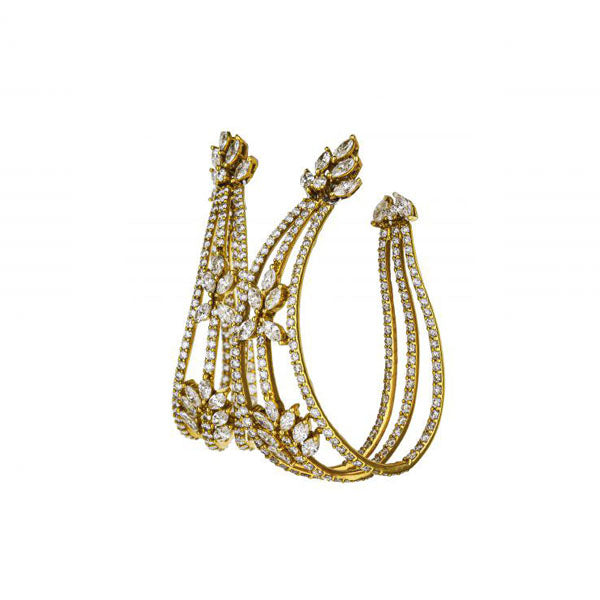 18K Yellow Gold Unique Diamond Hoop Earrings With Leaf Detail