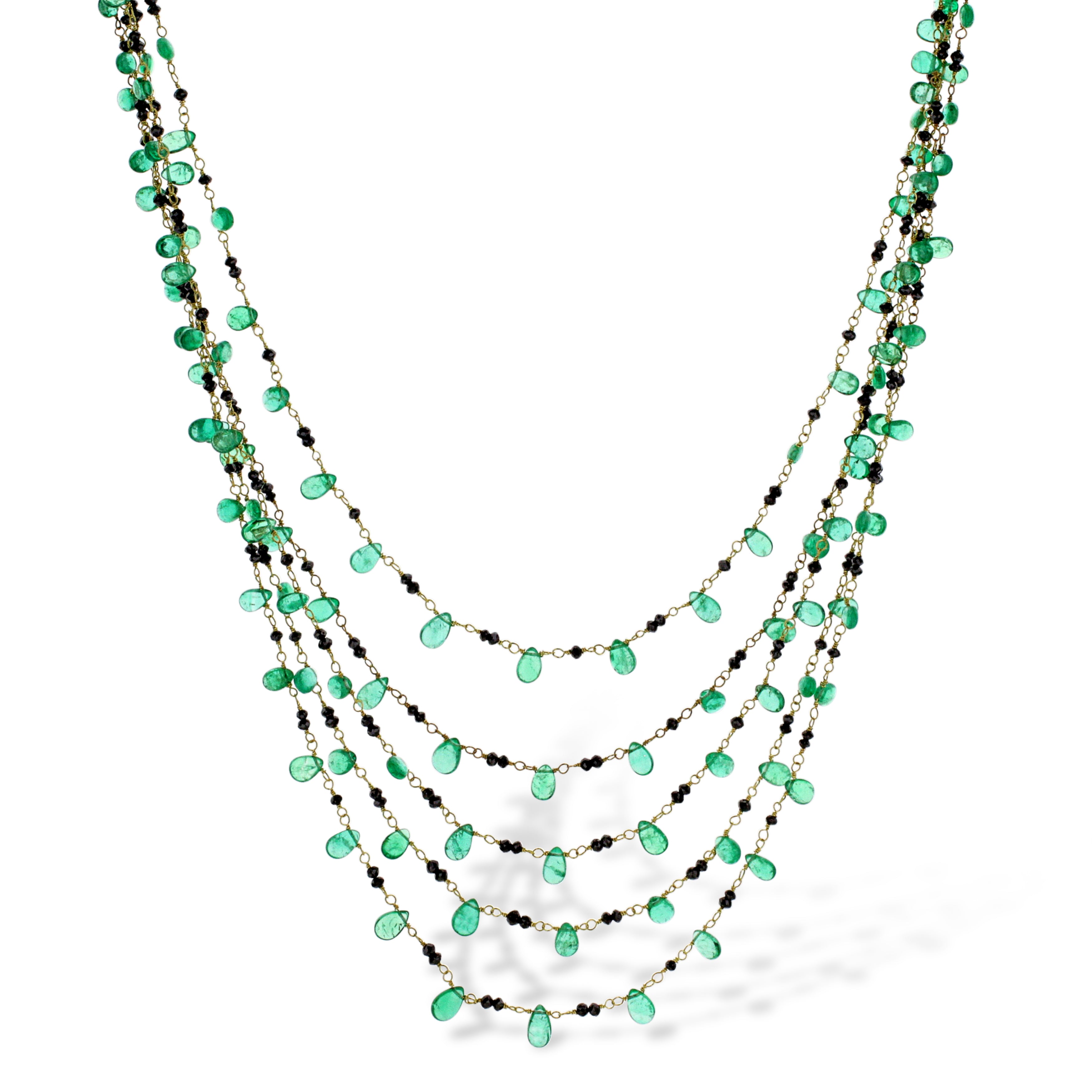 18K Yellow Gold Emerald Drop Cabochon & Black Diamond Waterfall Necklace