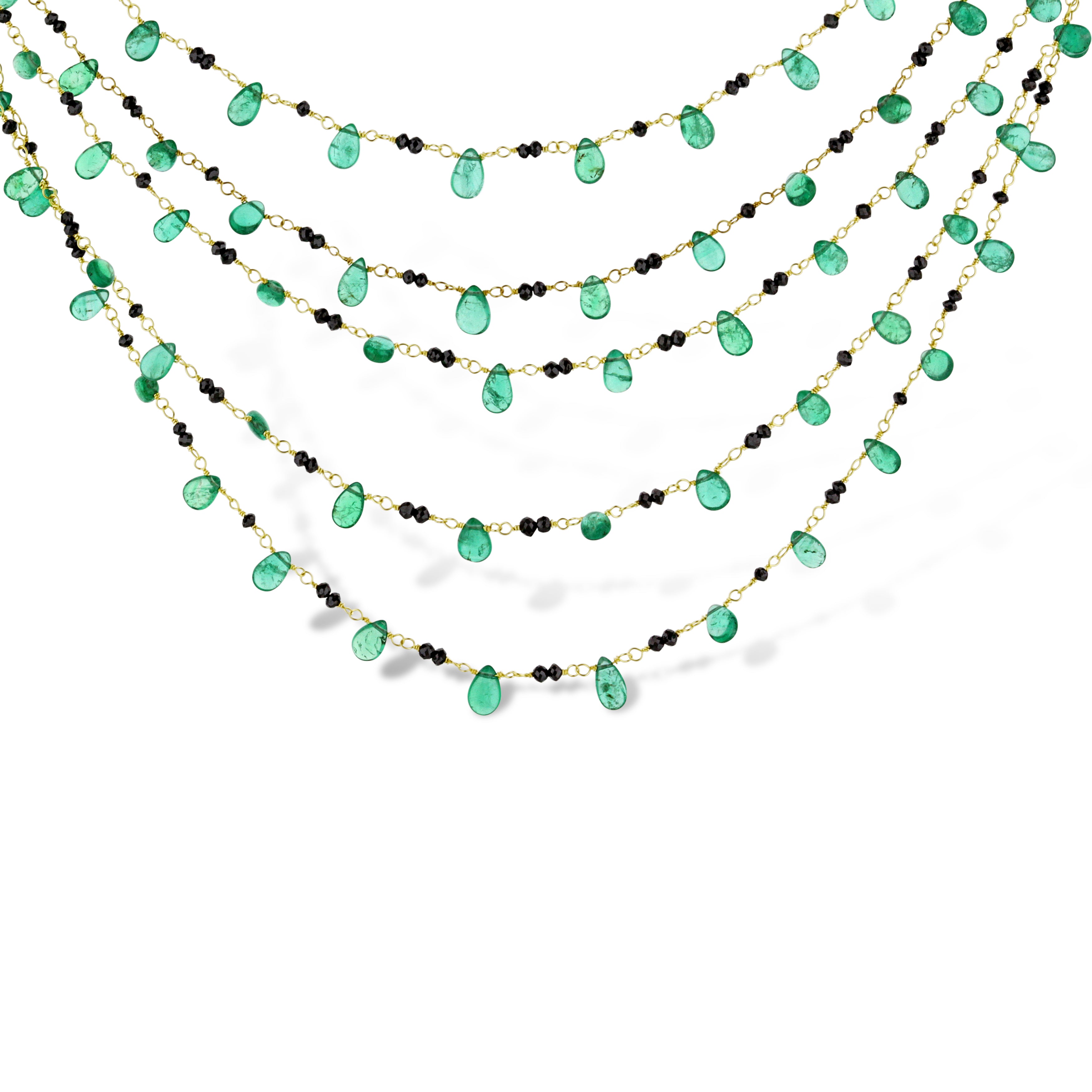 18K Yellow Gold Emerald Drop Cabochon & Black Diamond Waterfall Necklace