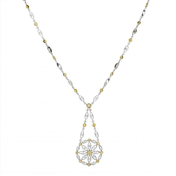 18K White & Yellow Gold Flower Circle Pendant Round White And Yellow Diamonds 3.06Ctw