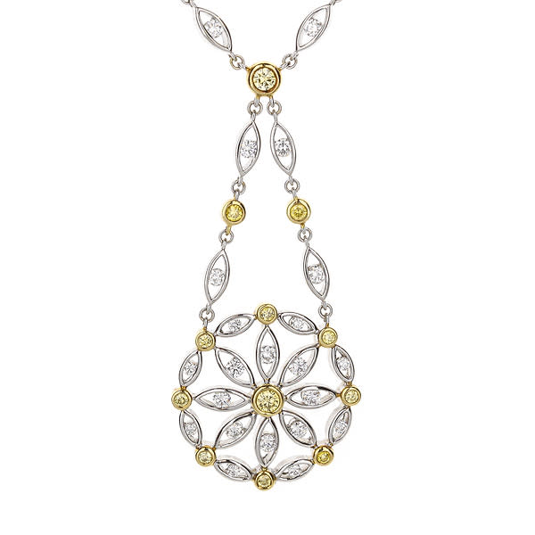 18K White & Yellow Gold Flower Circle Pendant Round White And Yellow Diamonds 3.06Ctw