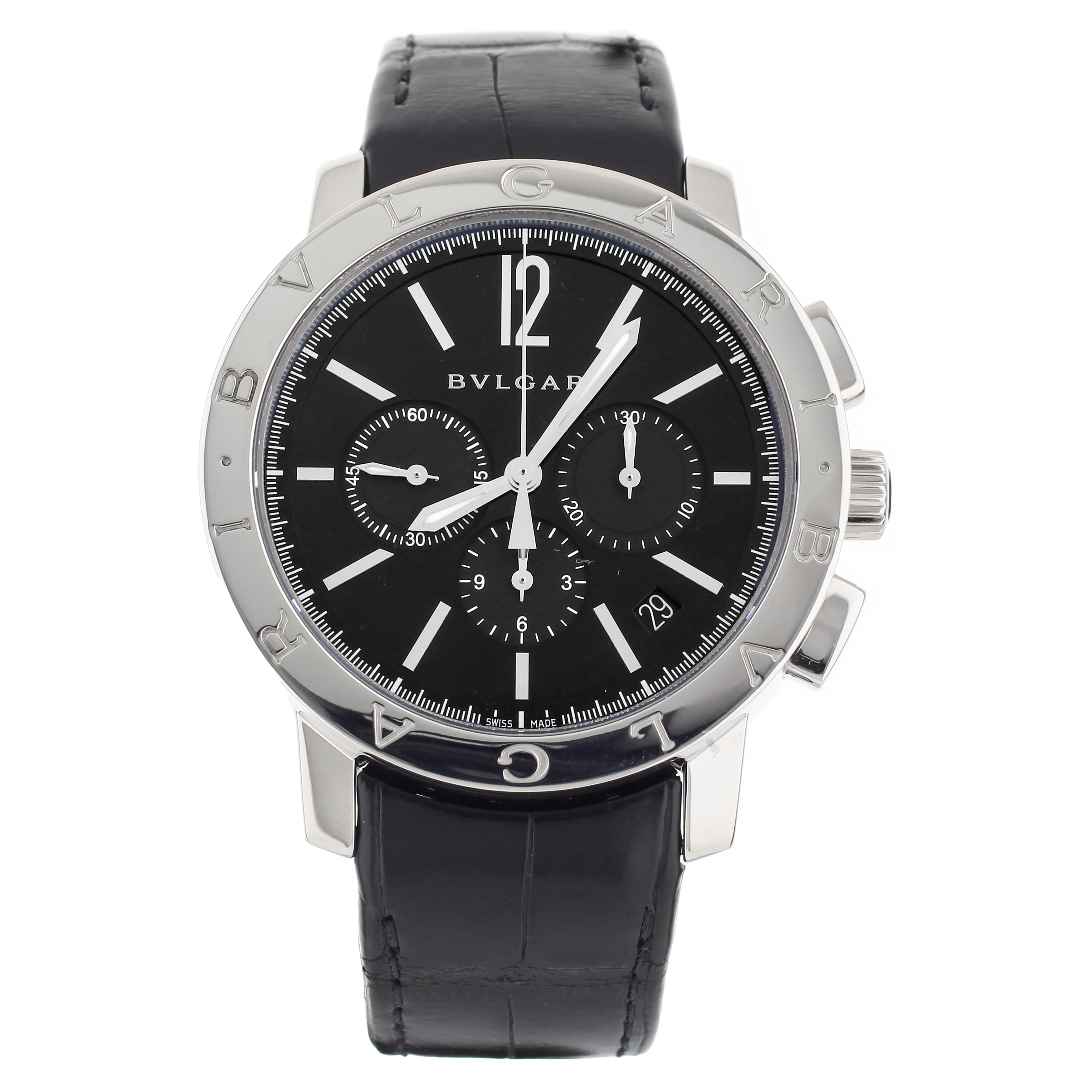 Bulgari Bulgari Chronograph Stainless Steel Black Dial Alligator 41mm BB41SCH