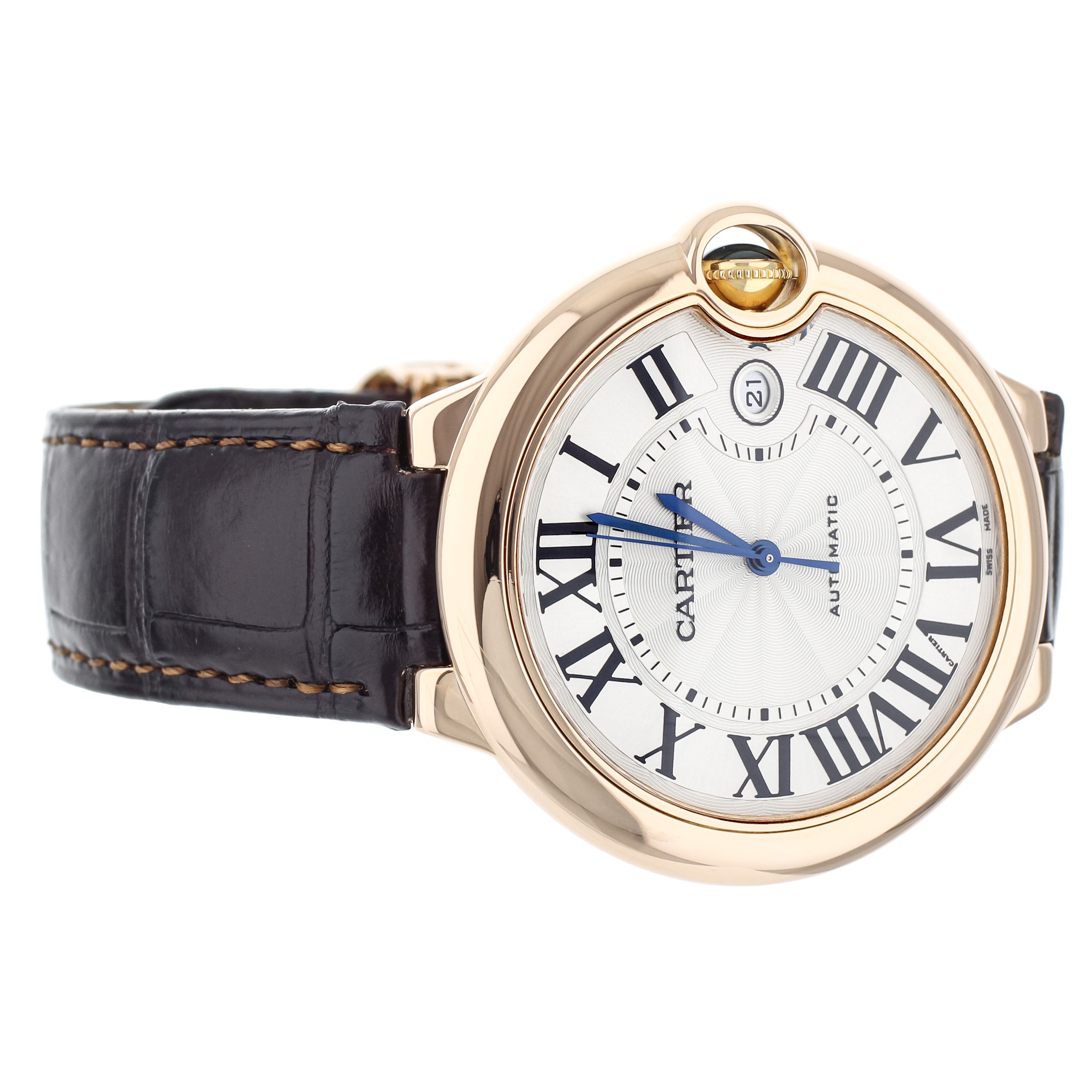 Cartier Ballon Bleu Rose Gold Silver Dial Brown Alligator Strap 42mm 2999