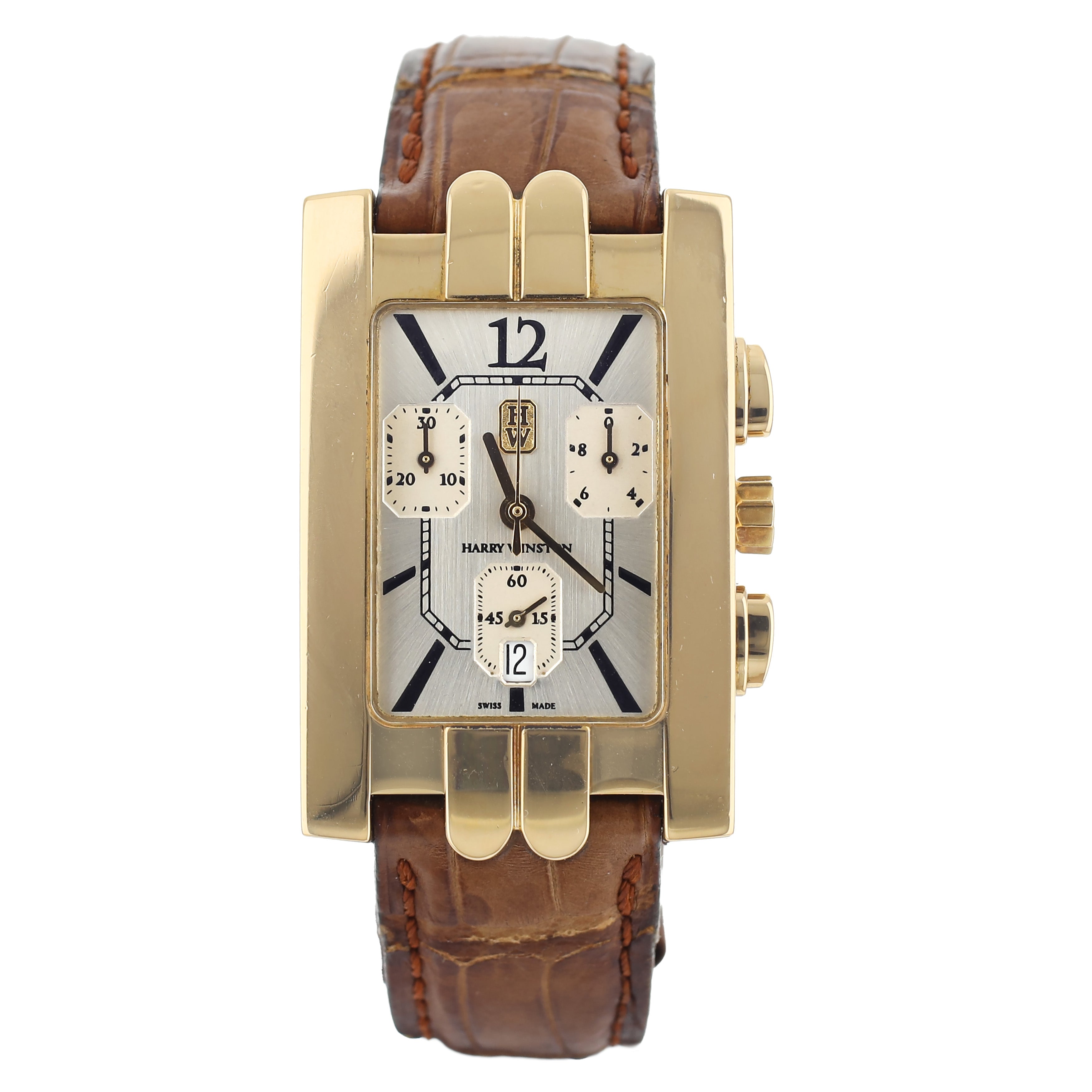 Harry Winston Avenue C Chronograph Yellow Gold Alligator Quartz 41x27mm 310UCQG