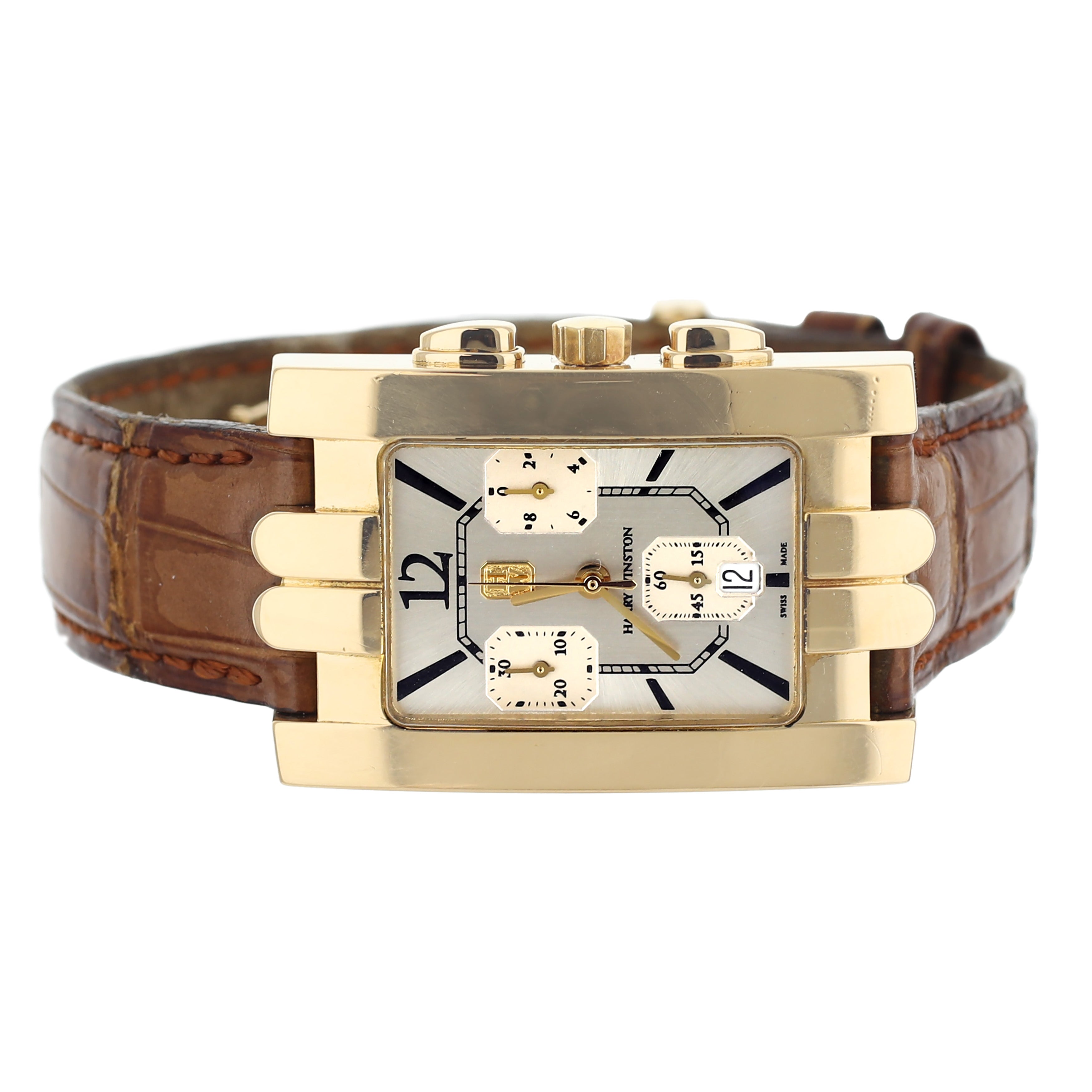 Harry Winston Avenue C Chronograph Yellow Gold Alligator Quartz 41x27mm 310UCQG