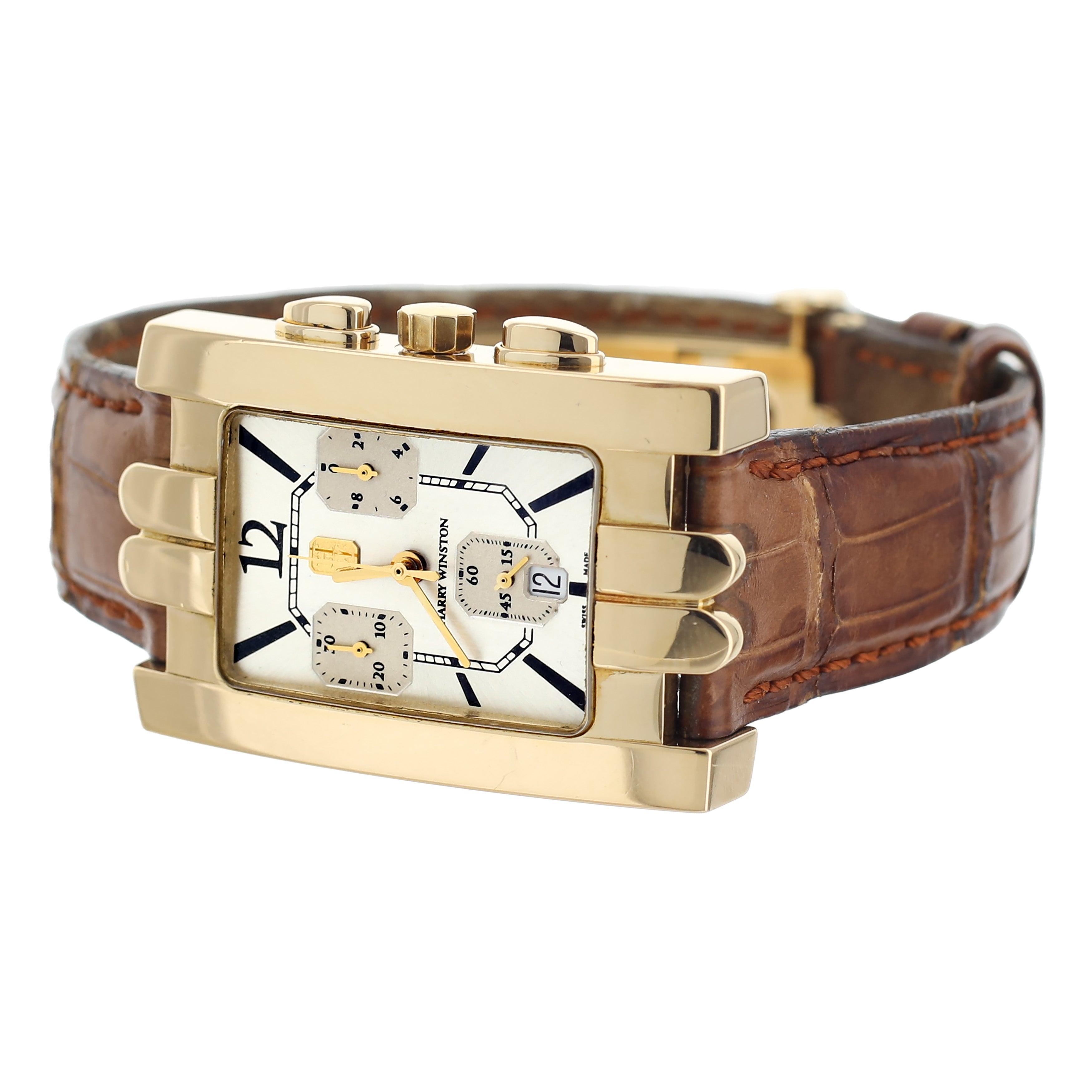 Harry Winston Avenue C Chronograph Yellow Gold Alligator Quartz 41x27mm 310UCQG