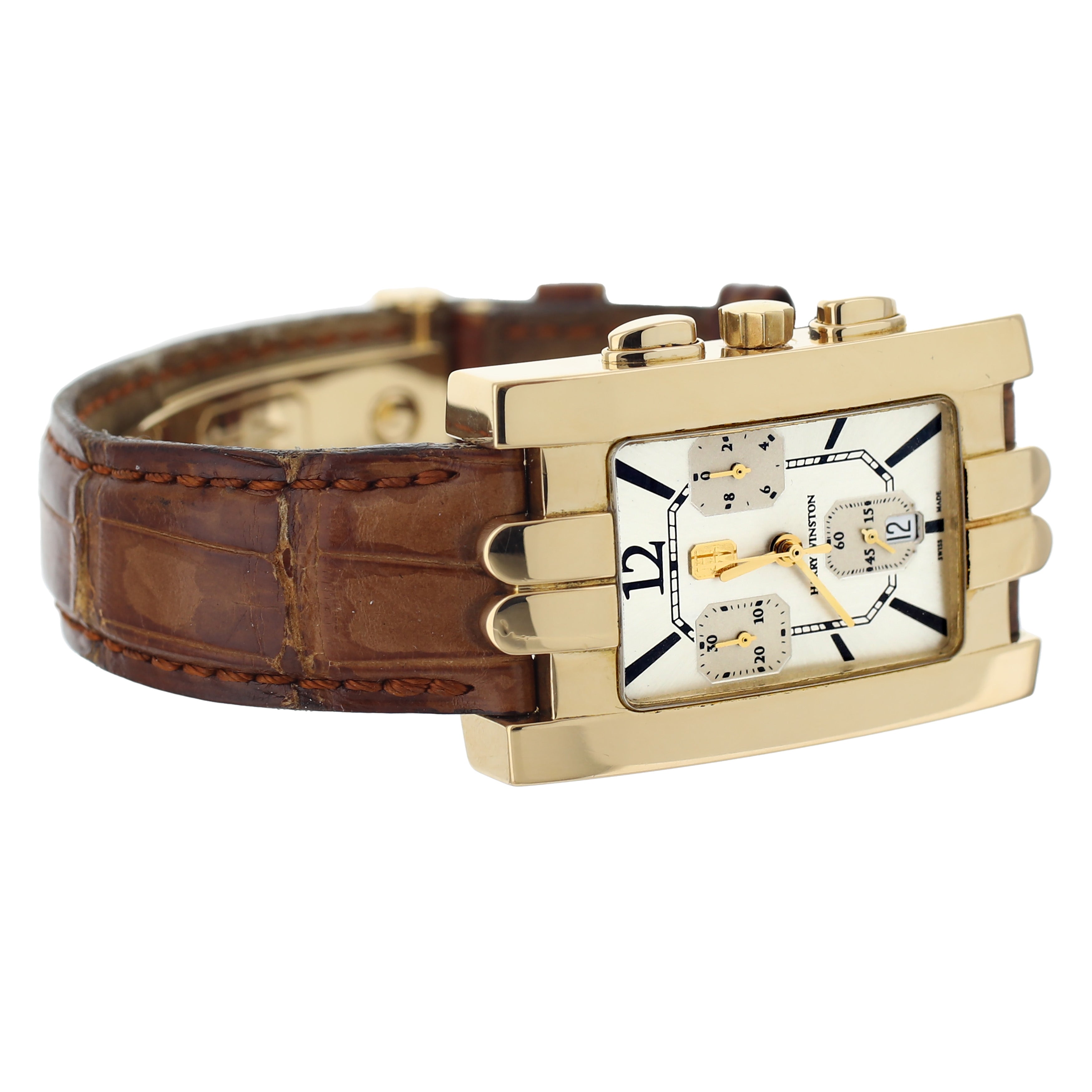 Harry Winston Avenue C Chronograph Yellow Gold Alligator Quartz 41x27mm 310UCQG