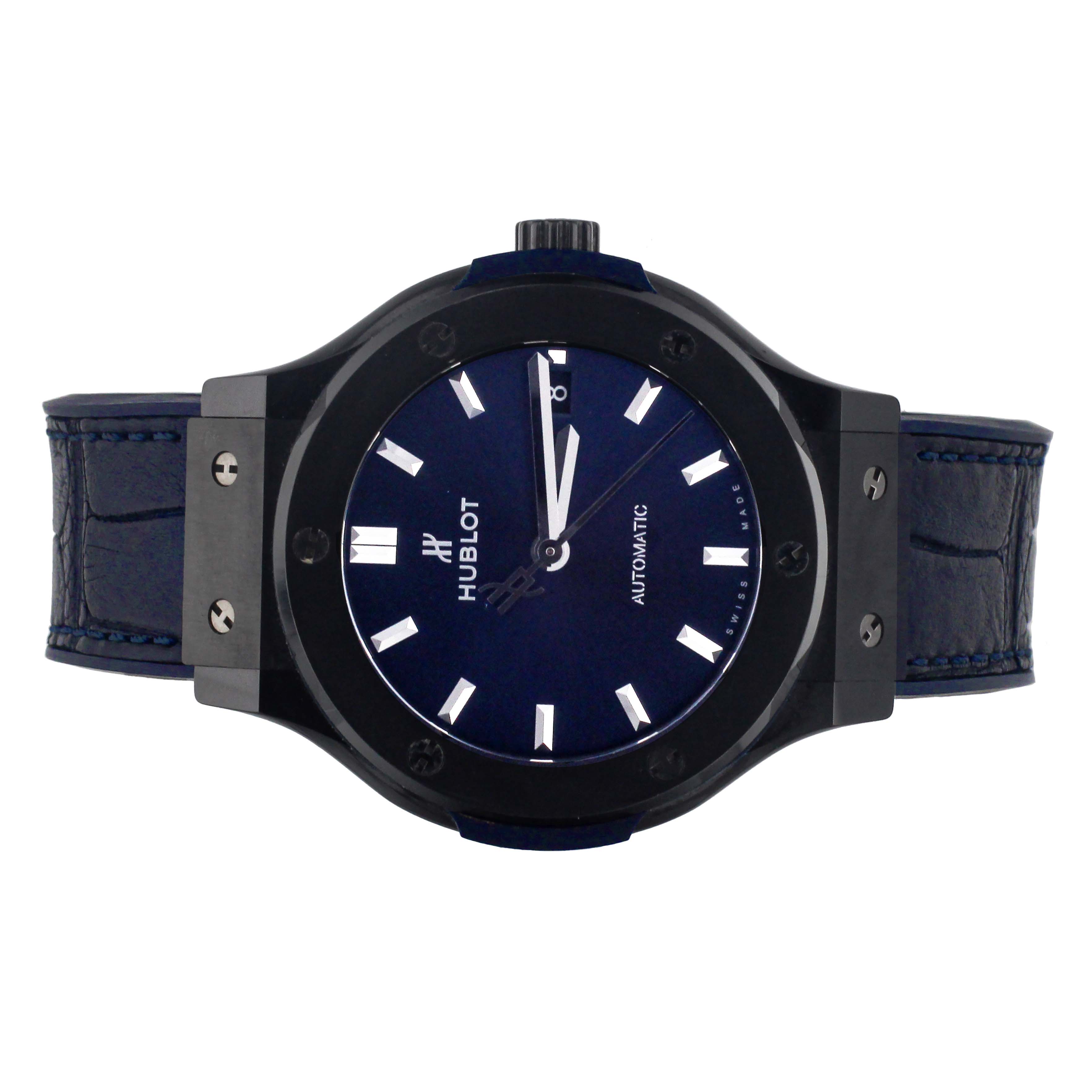 Hublot Classic Fusion Ceramic Blue Alligator Rubber Strap 38mm 565.CM.7170.RX