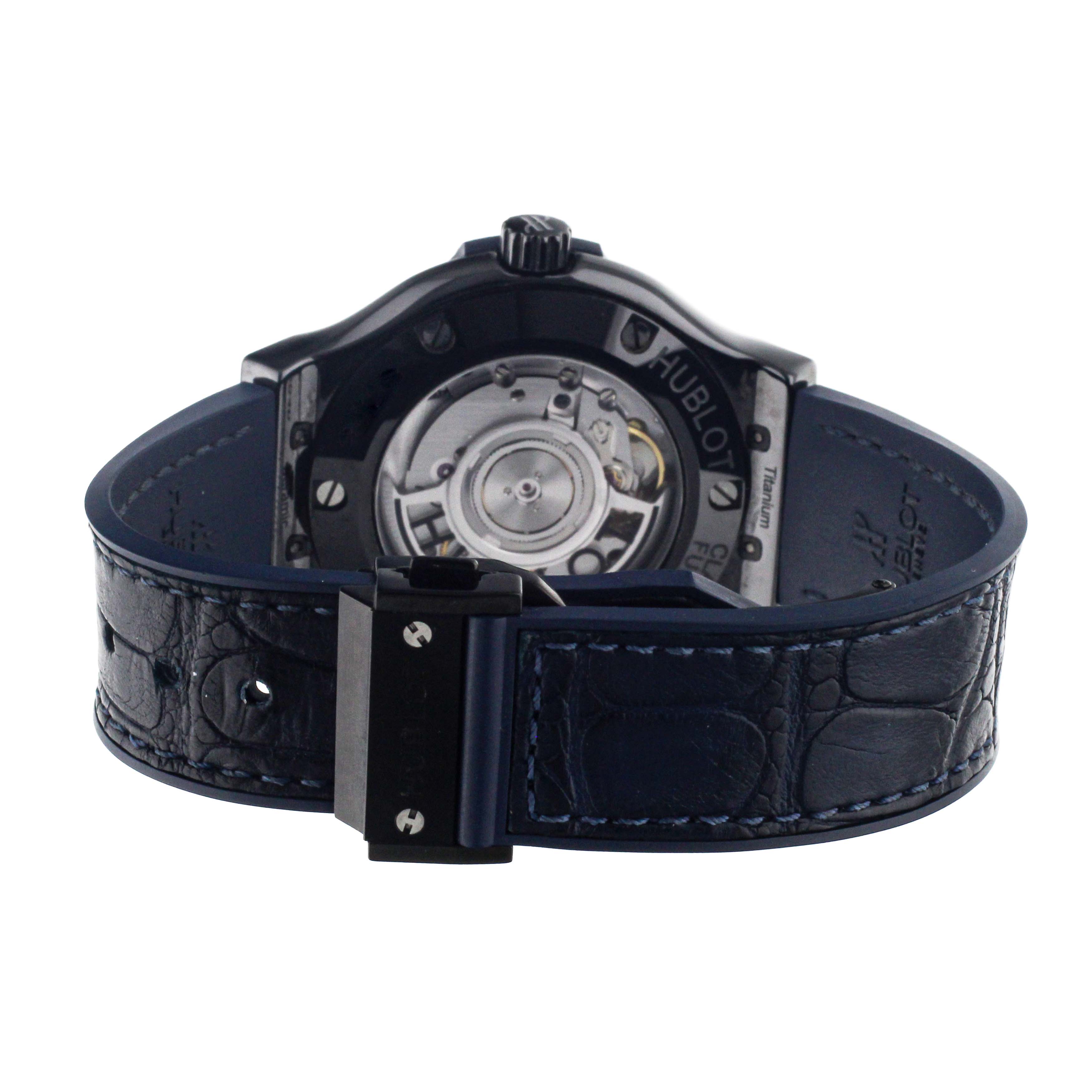 Hublot Classic Fusion Ceramic Blue Alligator Rubber Strap 38mm 565.CM.7170.RX