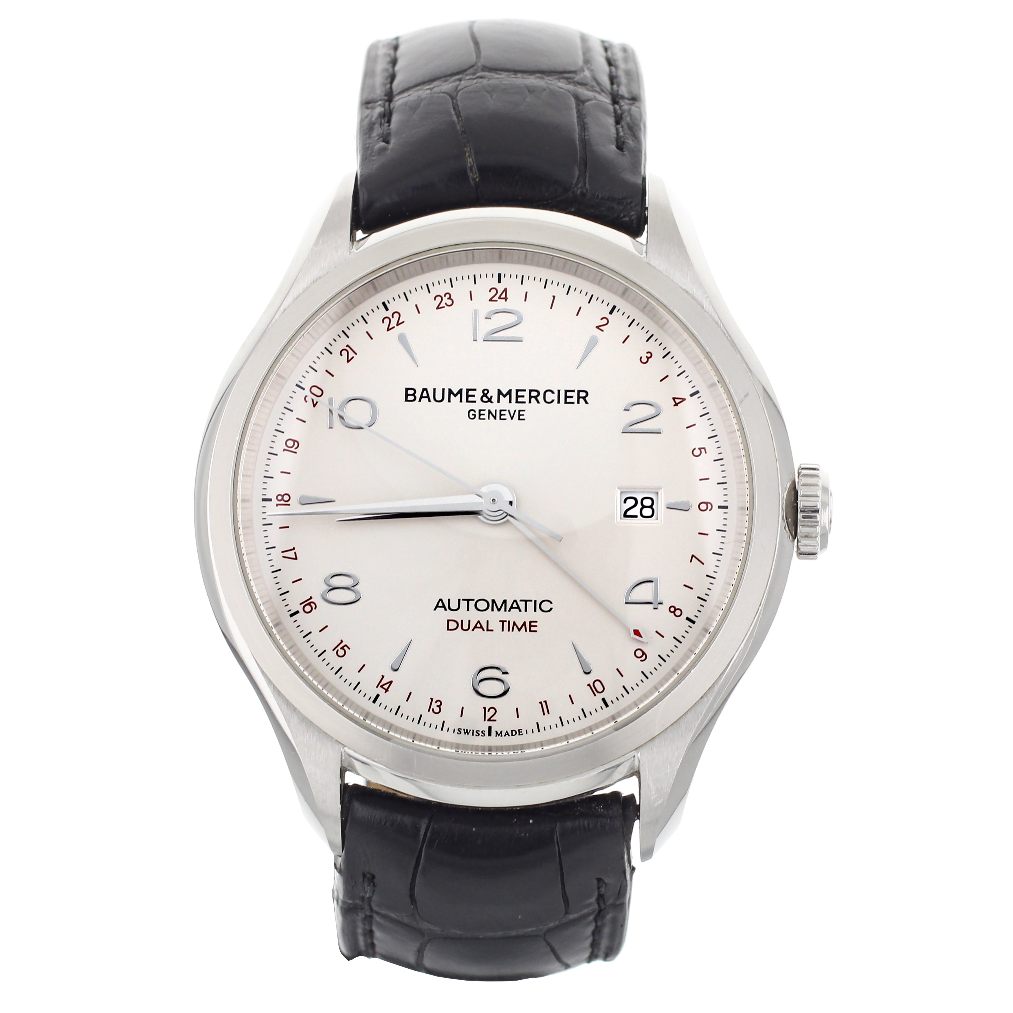 Baume Mercier Clifton GMT Silver Dial Stainless Steel Alligator 43mm