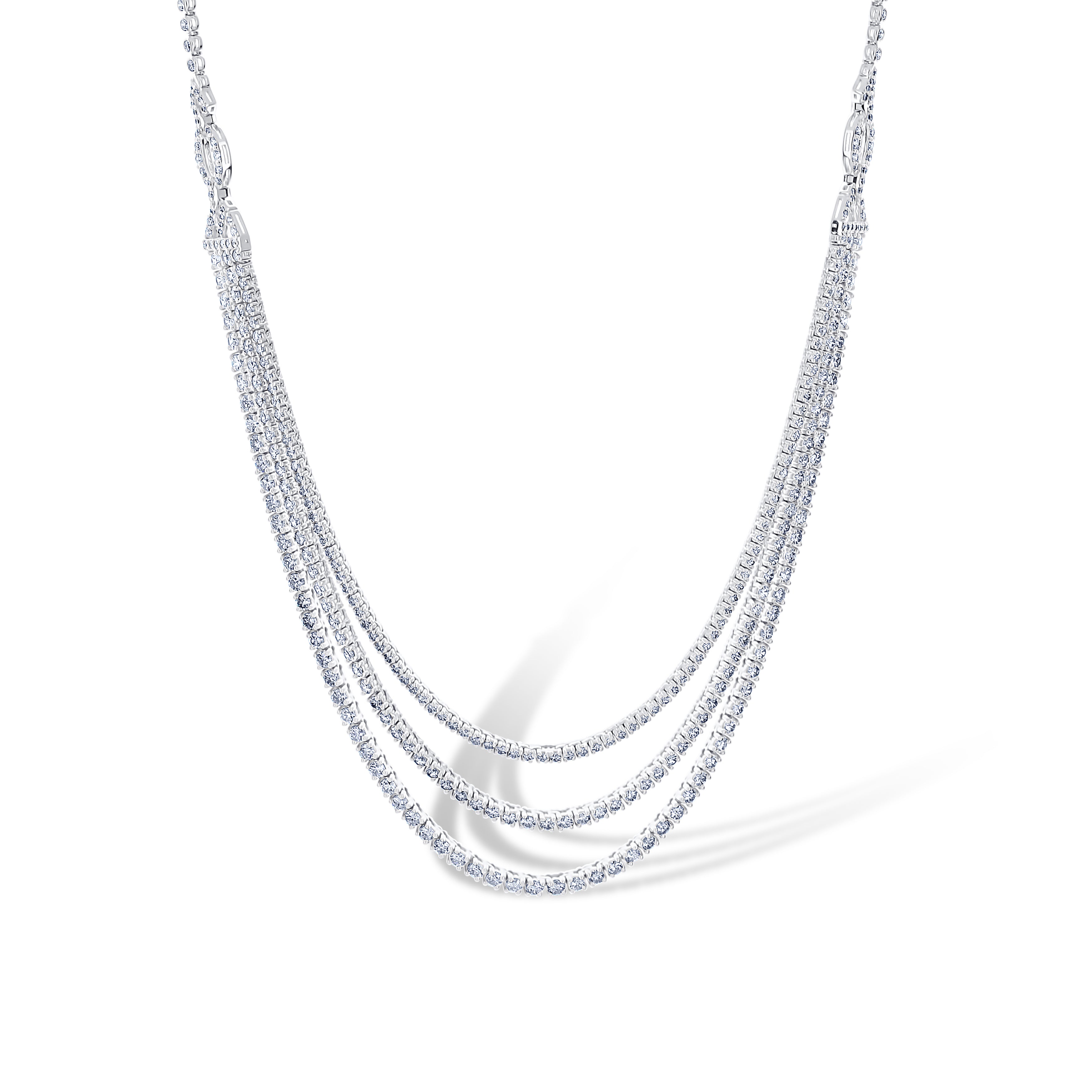 18K White Gold Three Tear Layered Diamond Tennis Necklace 12.46Ctw 384 Stones