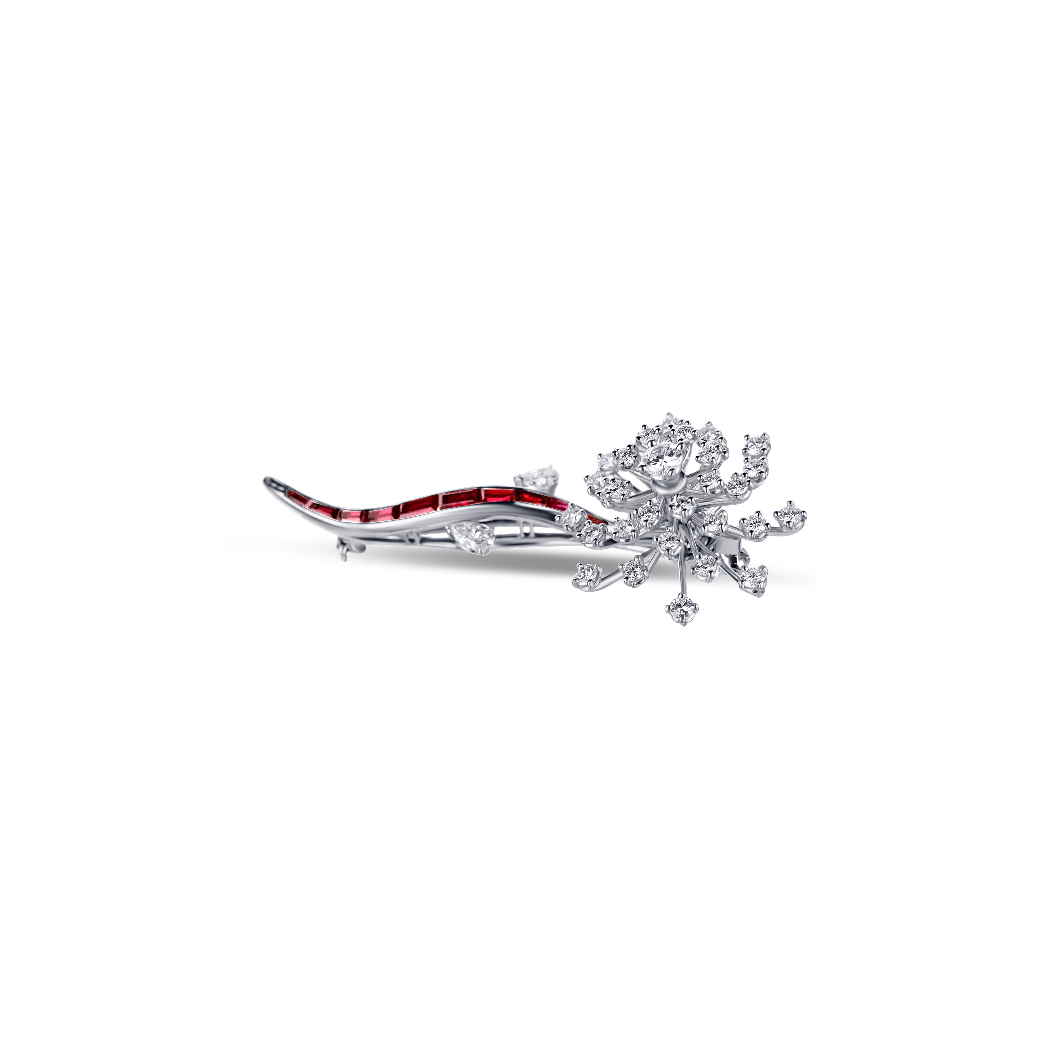 Platinum Diamond Flower With Ruby Stem Pin Rubies