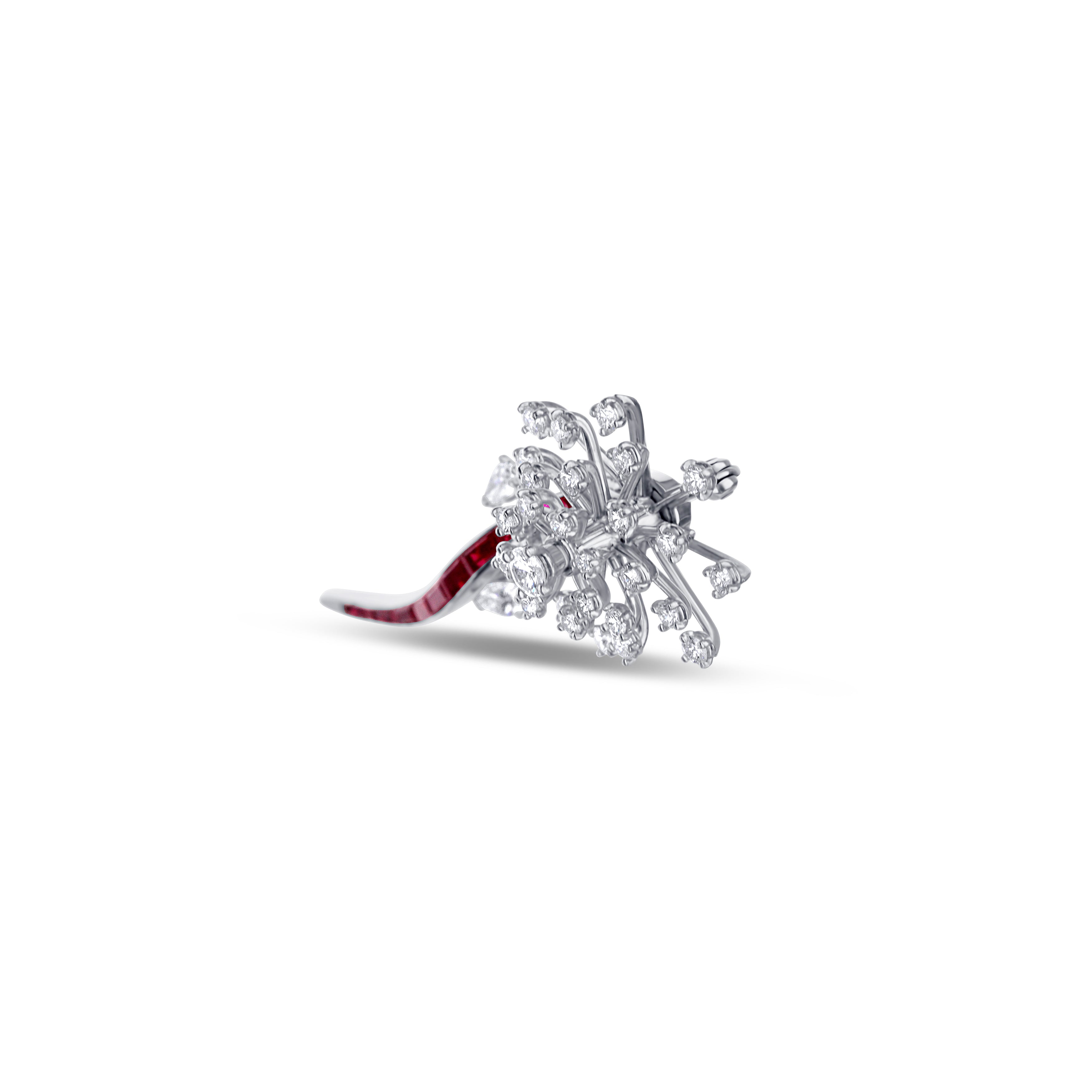 Platinum Diamond Flower With Ruby Stem Pin Rubies