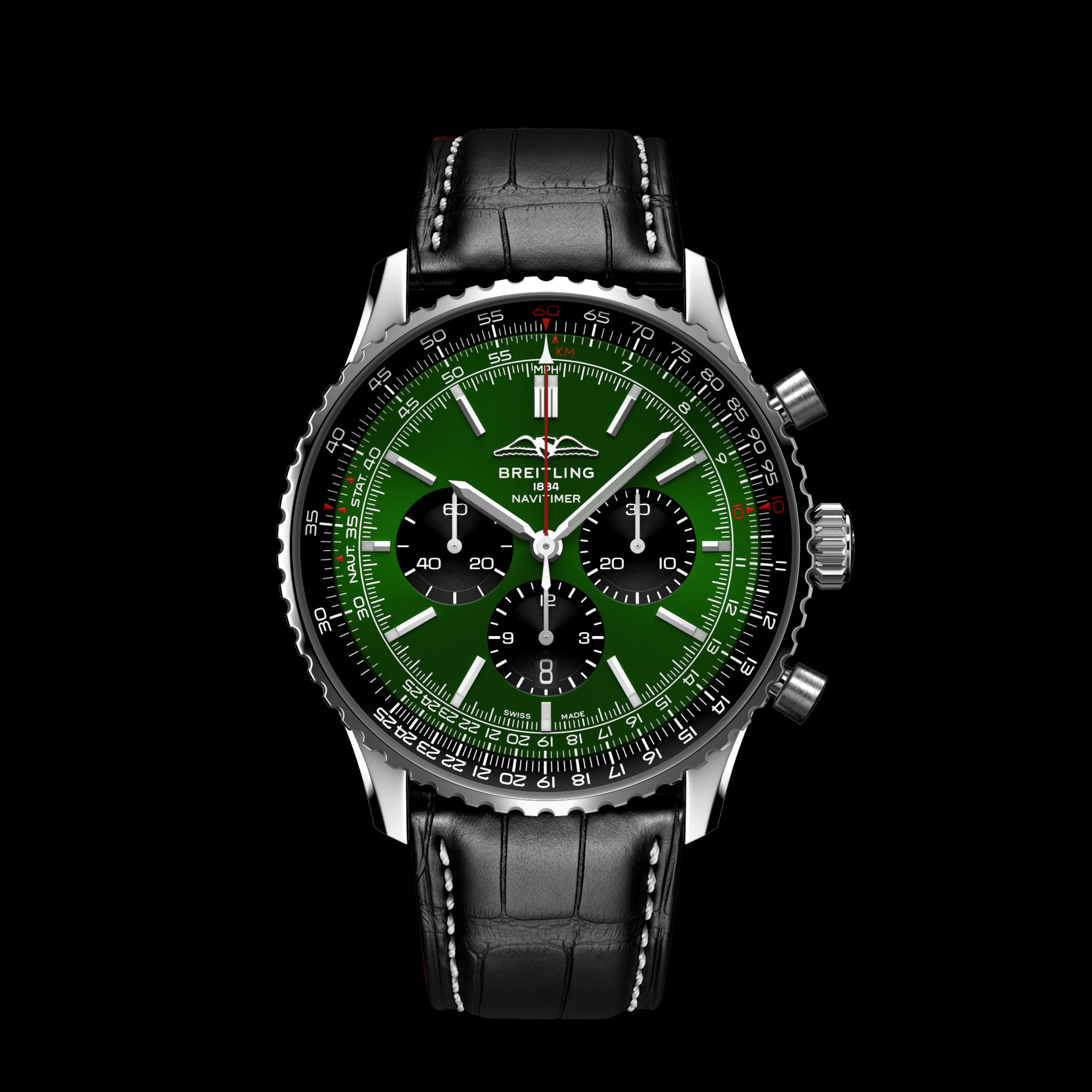 Breitling Navitimer B01 Chronograph 46 Dark Green Dial Black Leather Strap  Watch | AB0137241L1P1