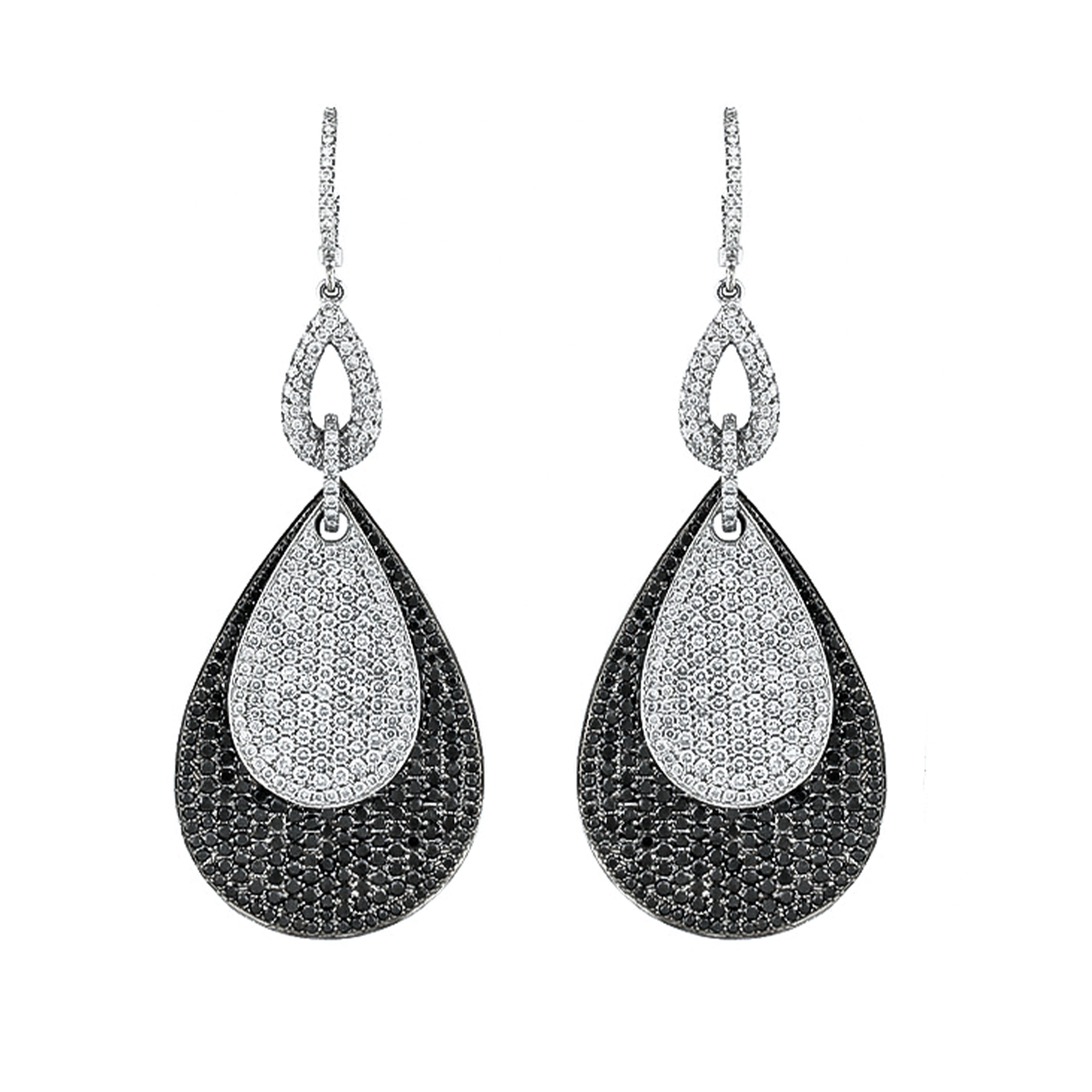 18K White Gold Pear Pave Slides Of Black White Diamond Earrings