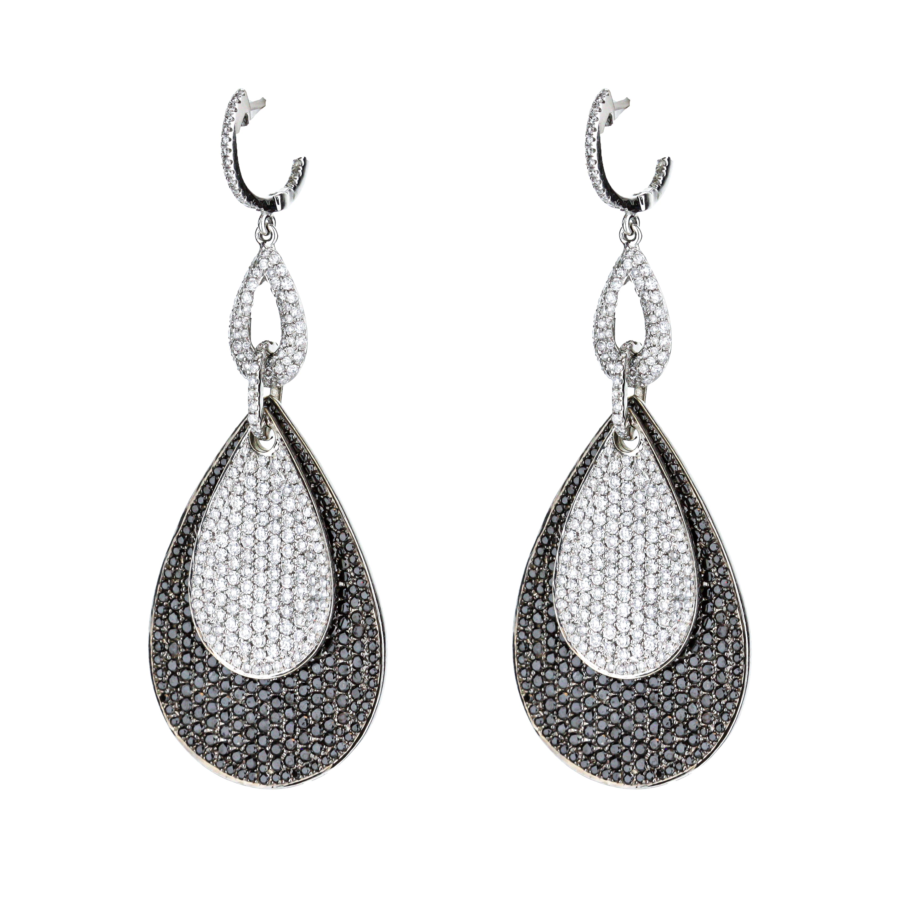 18K White Gold Pear Pave Slides Of Black & White Diamond Earrings