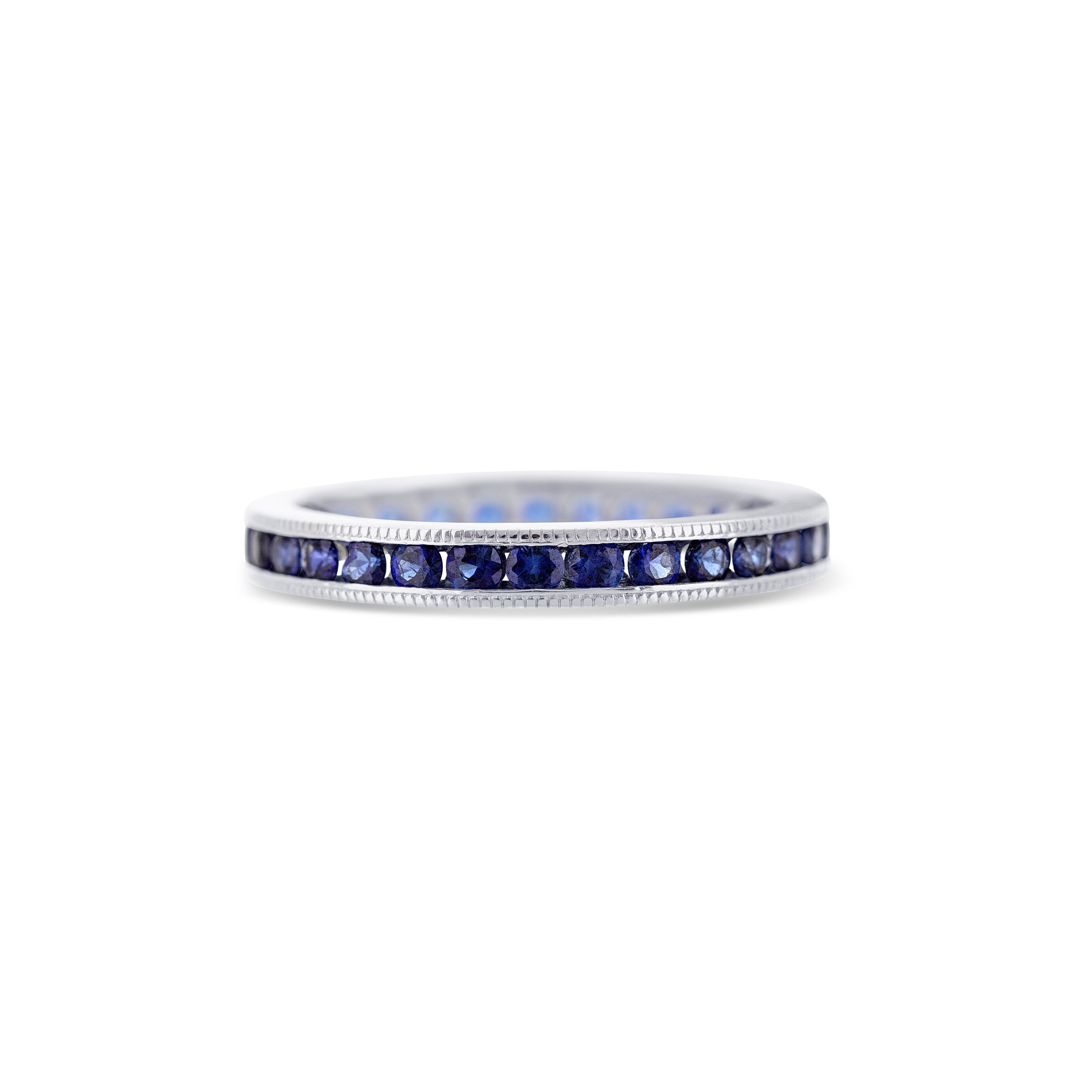 18K White Gold Blue Sapphire Band with Milgraine Detailing