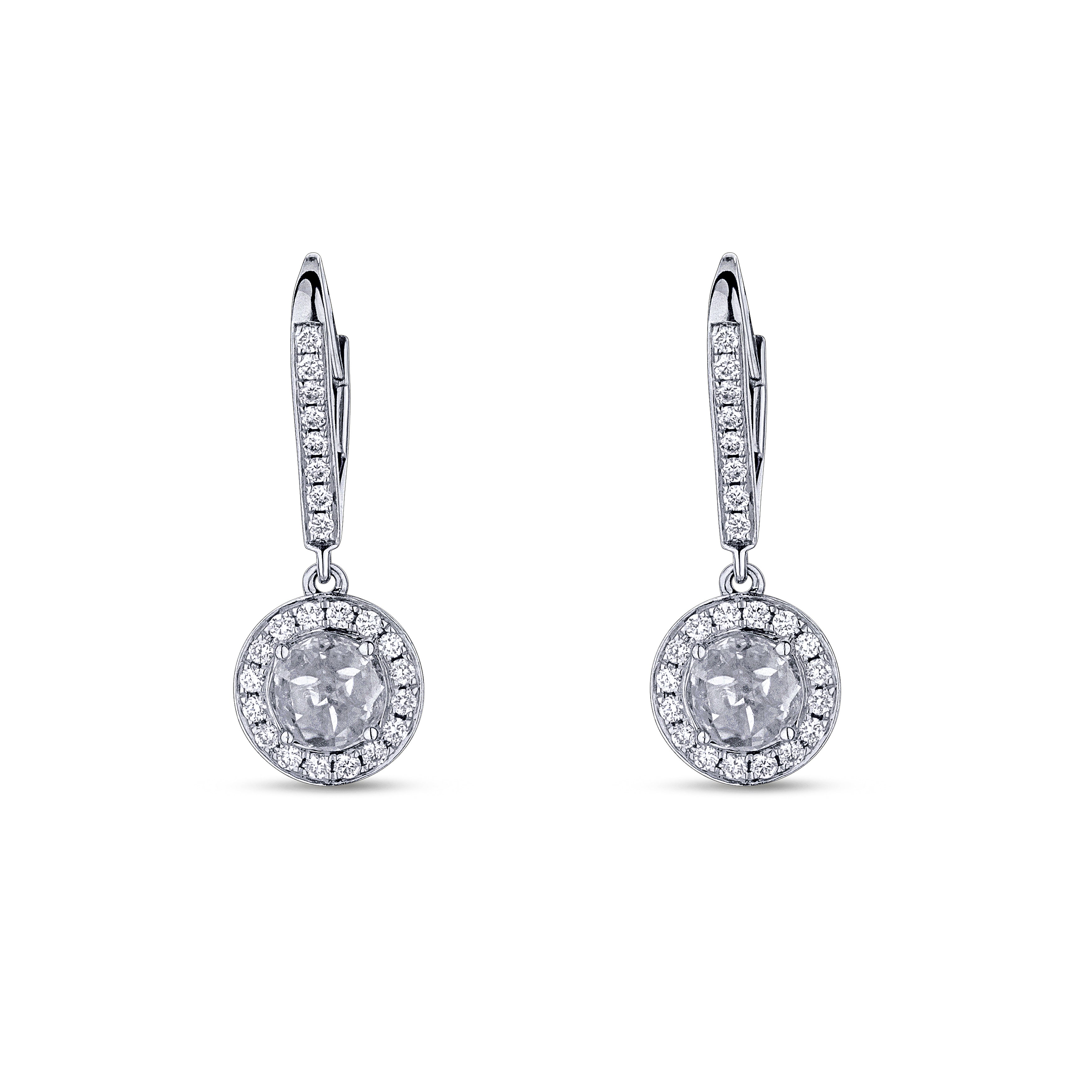 18K White Gold Diamond Halo Leverback Earrings