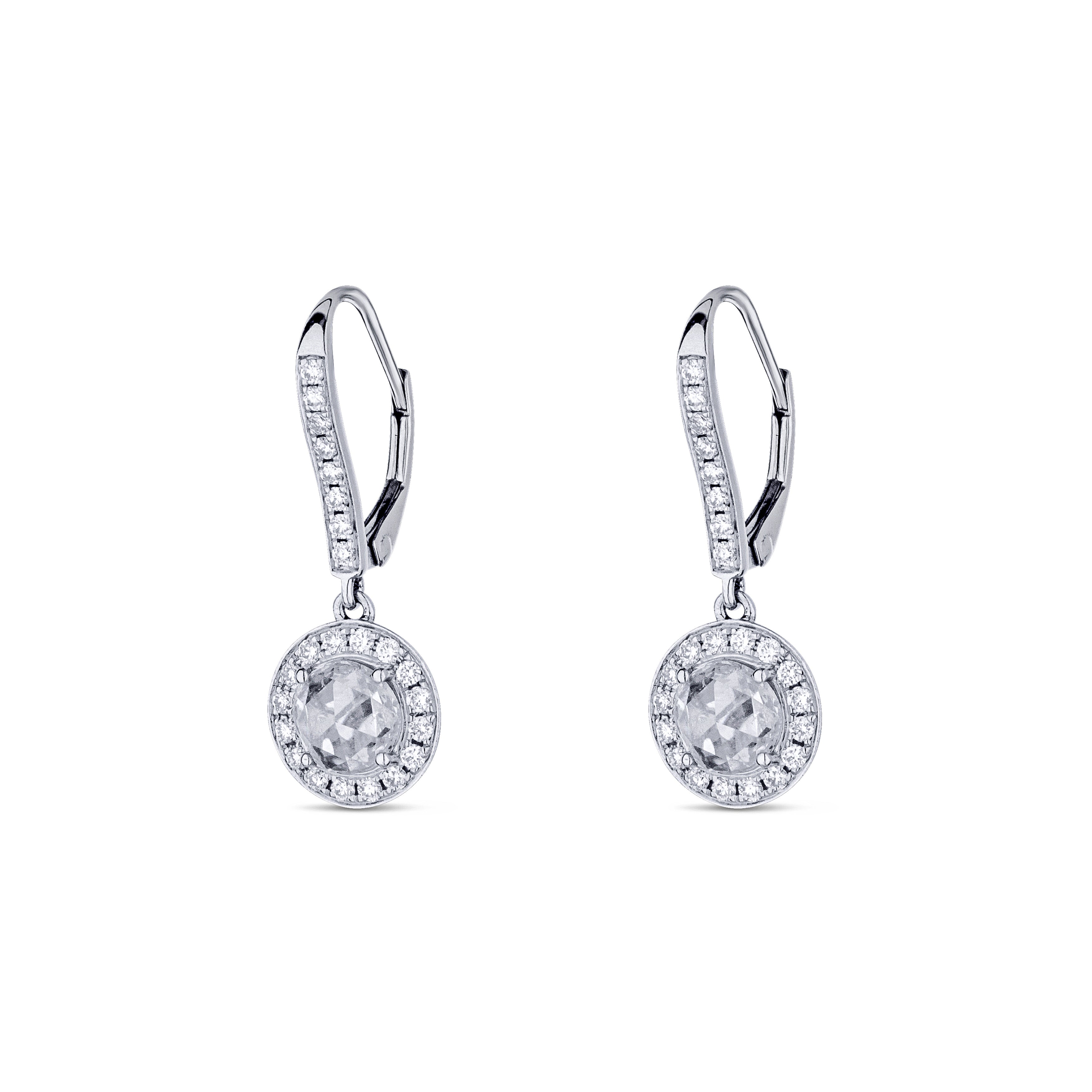 18K White Gold Diamond Halo Leverback Earrings