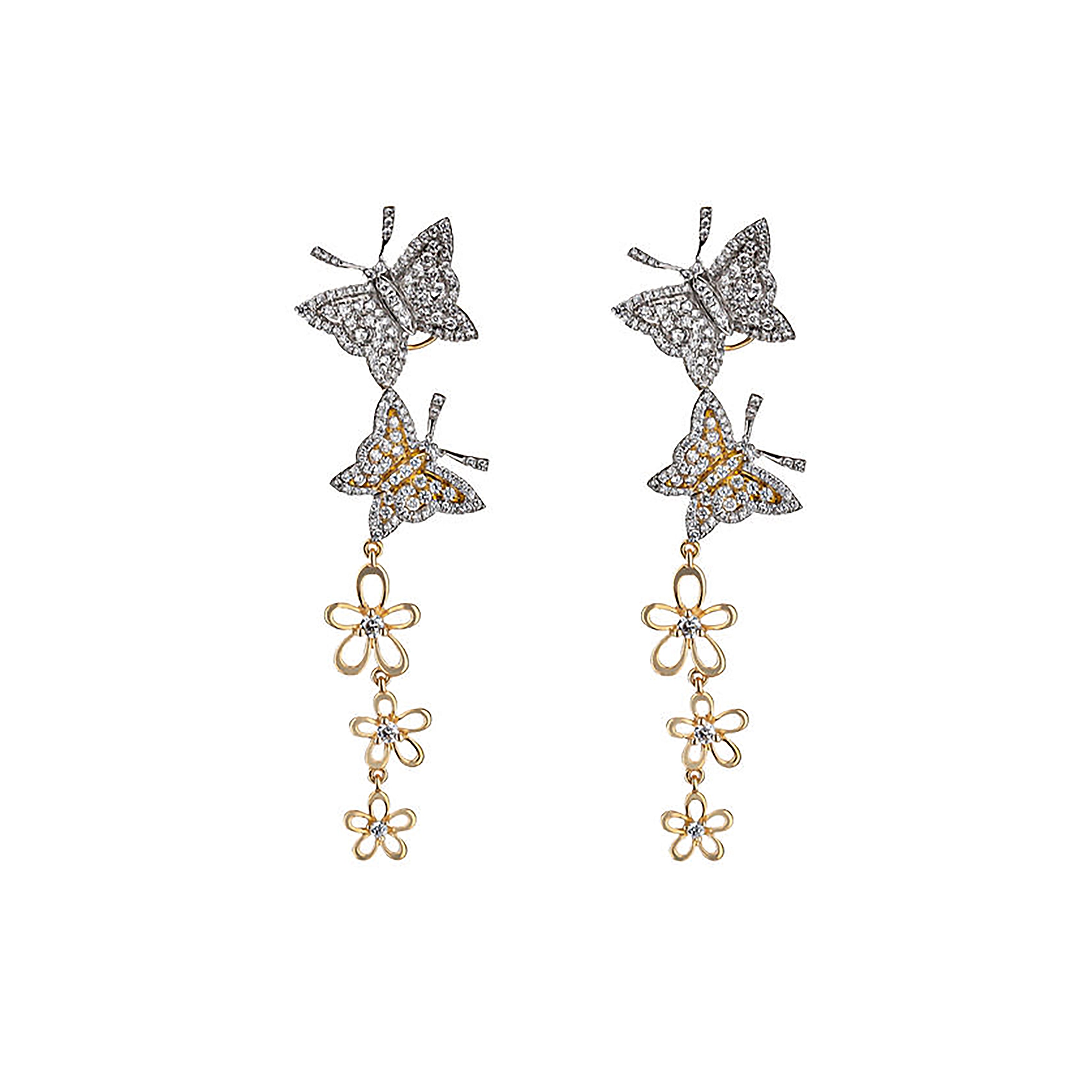 18K Two-Tone Gold Butterfly And Daisy Dangle Earrings
