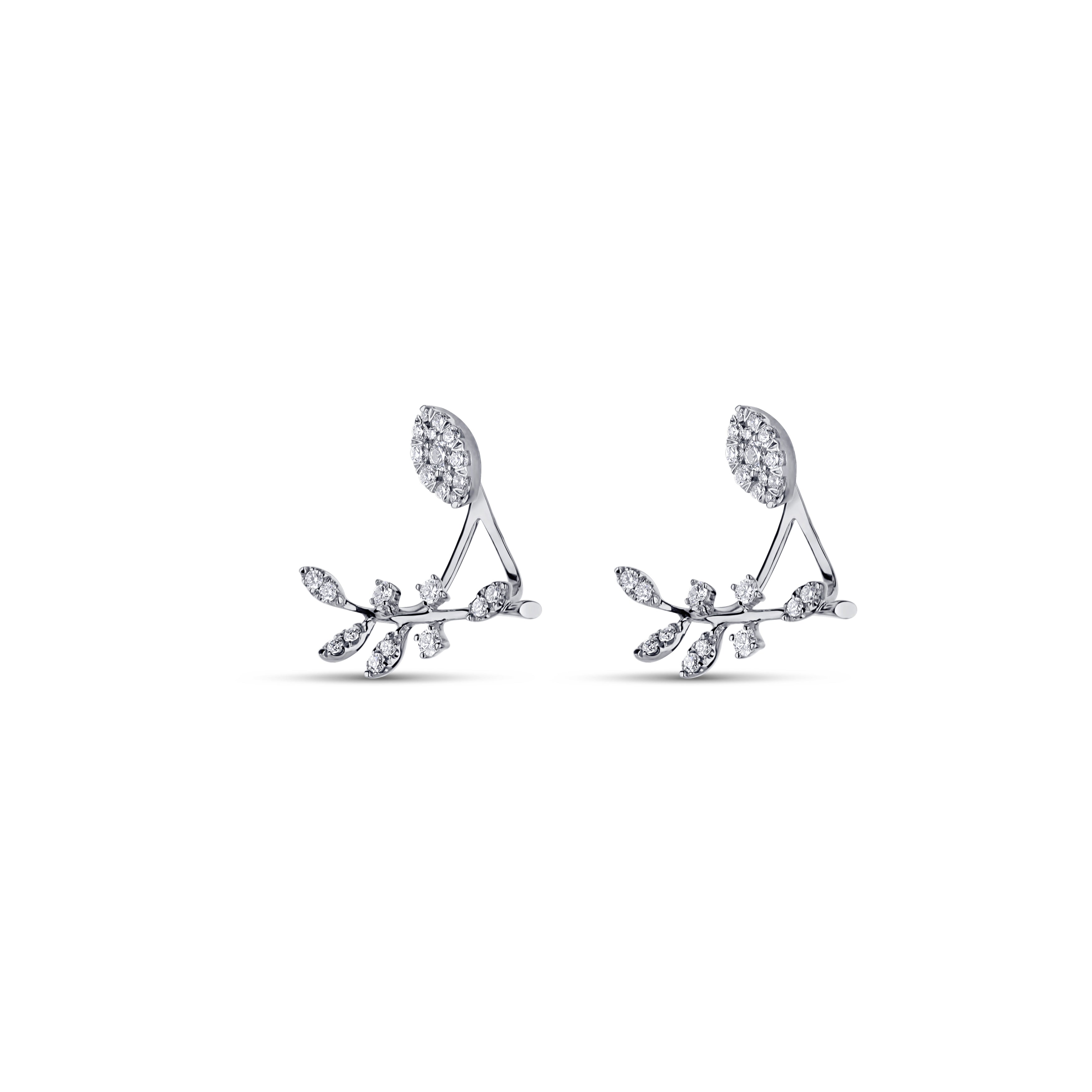 18K White Gold Navette Shape Pavé Diamond Stud Earrings with Leaf Detailing
