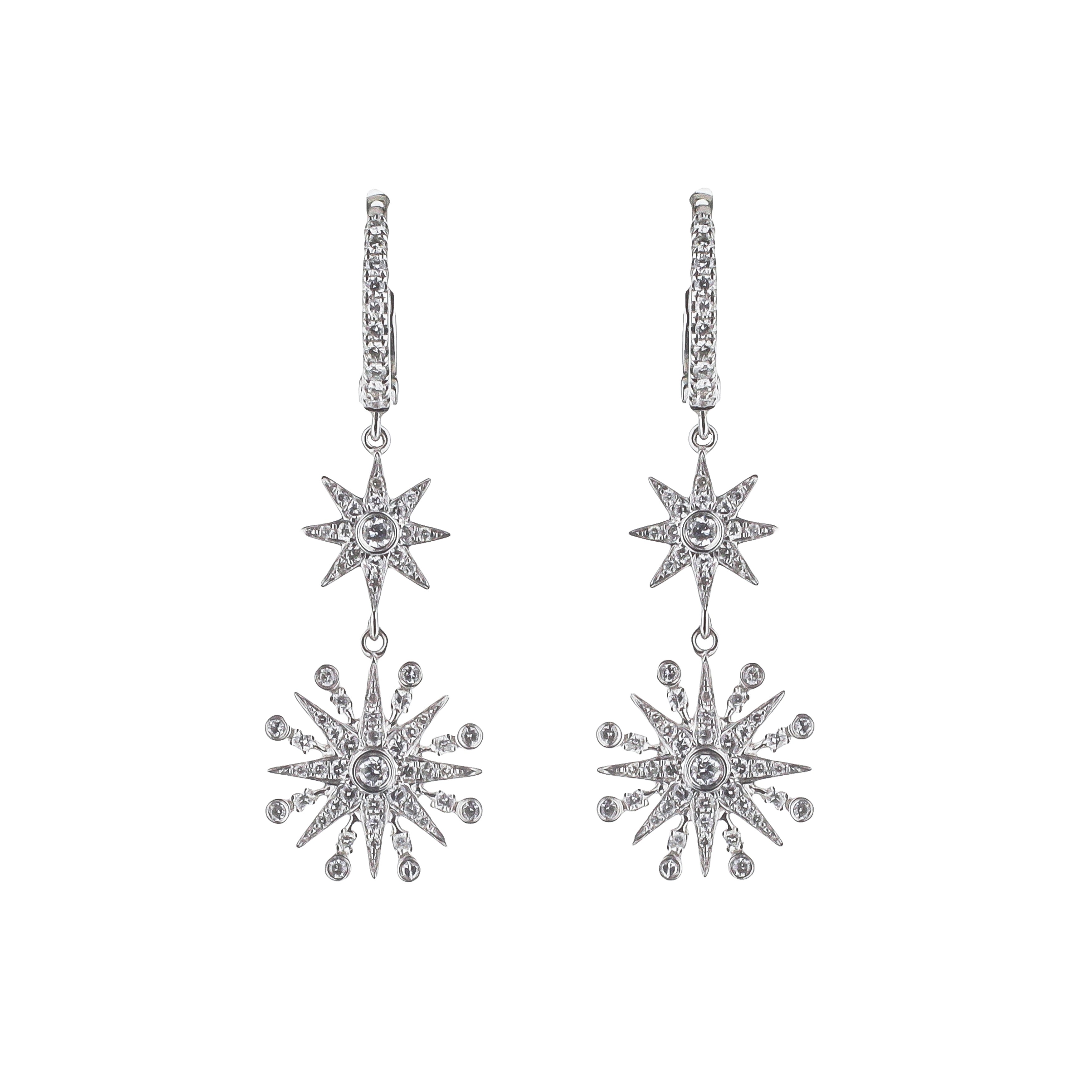 18K White Gold Diamond Starburst Dangle Earrings