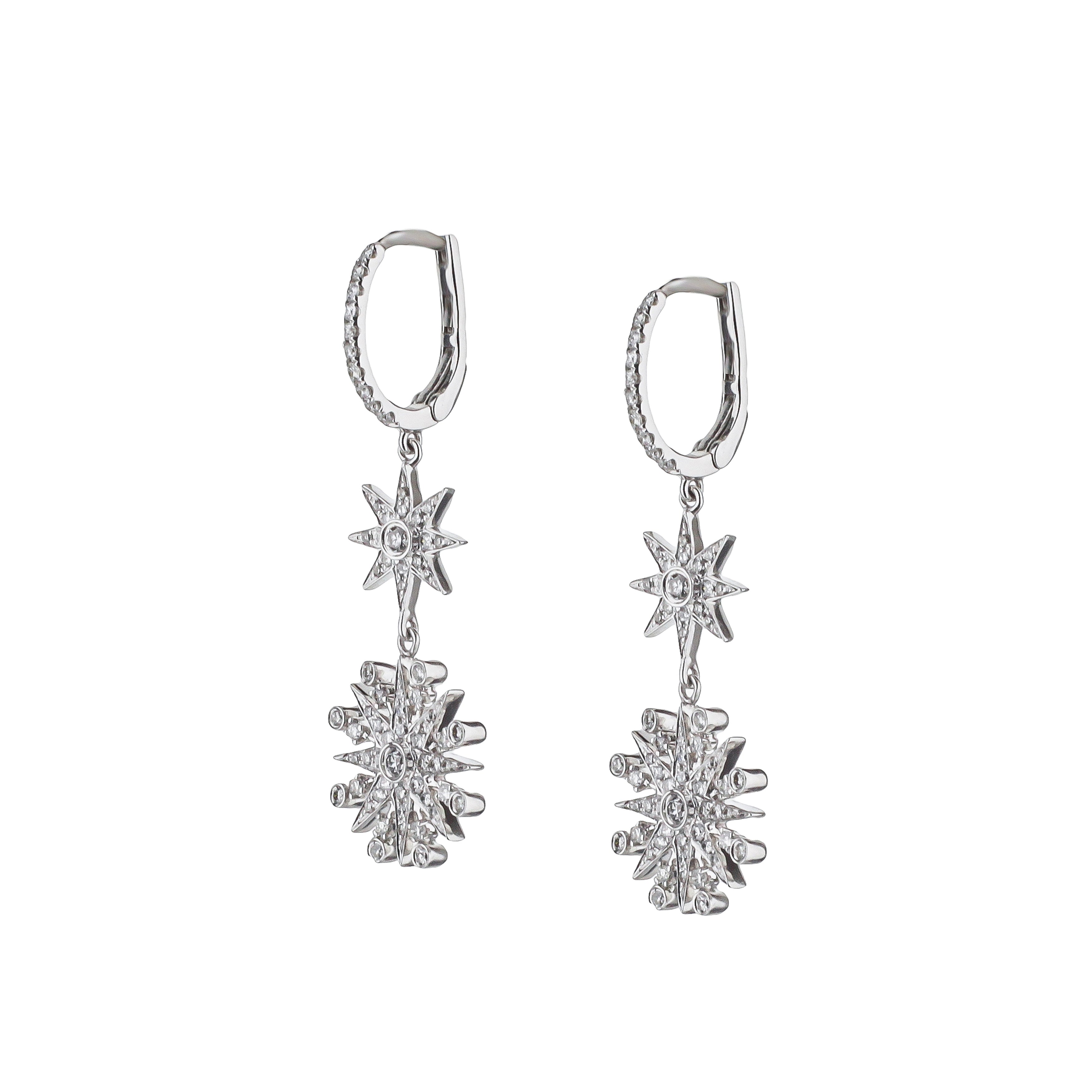 18K White Gold Diamond Starburst Dangle Earrings