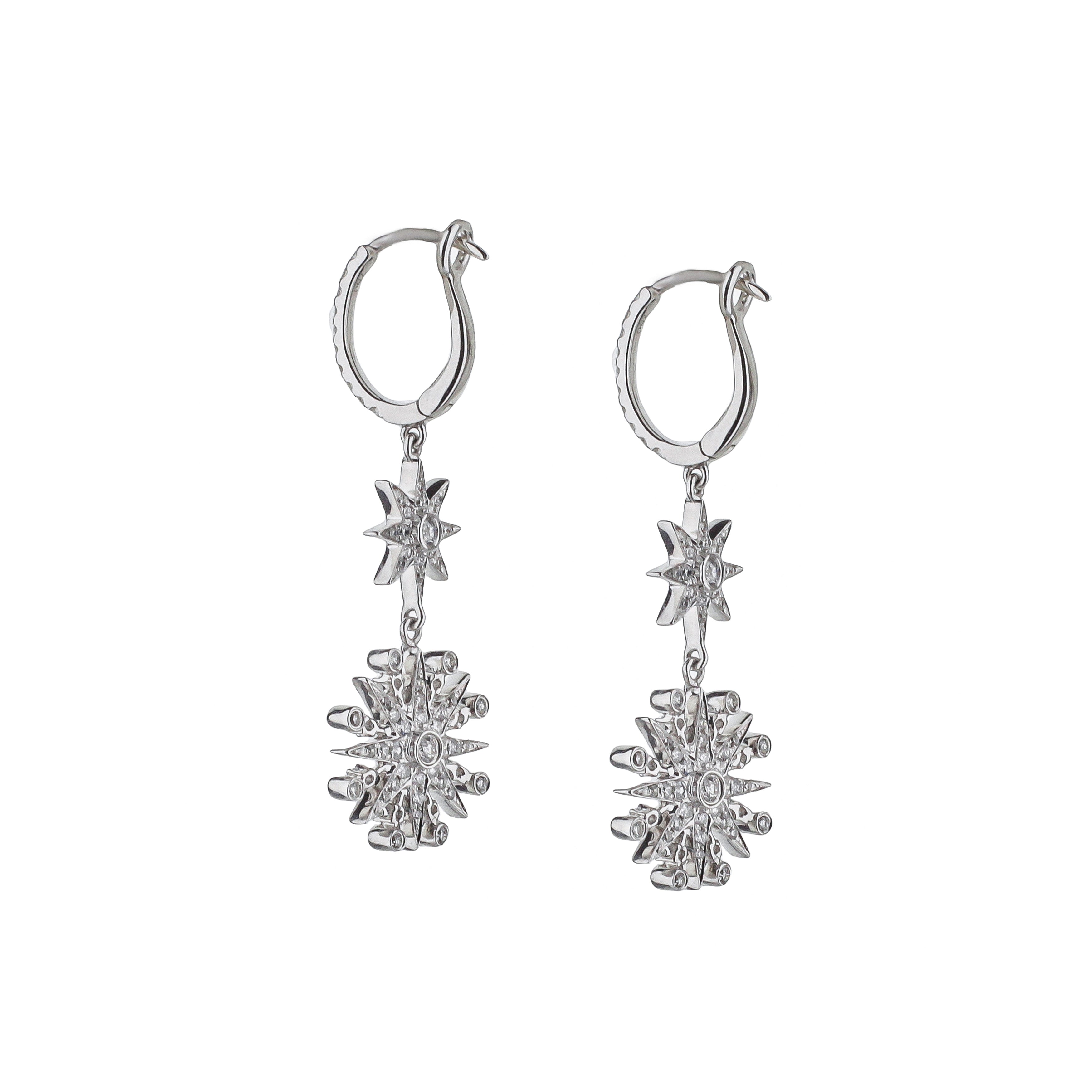 18K White Gold Diamond Starburst Dangle Earrings