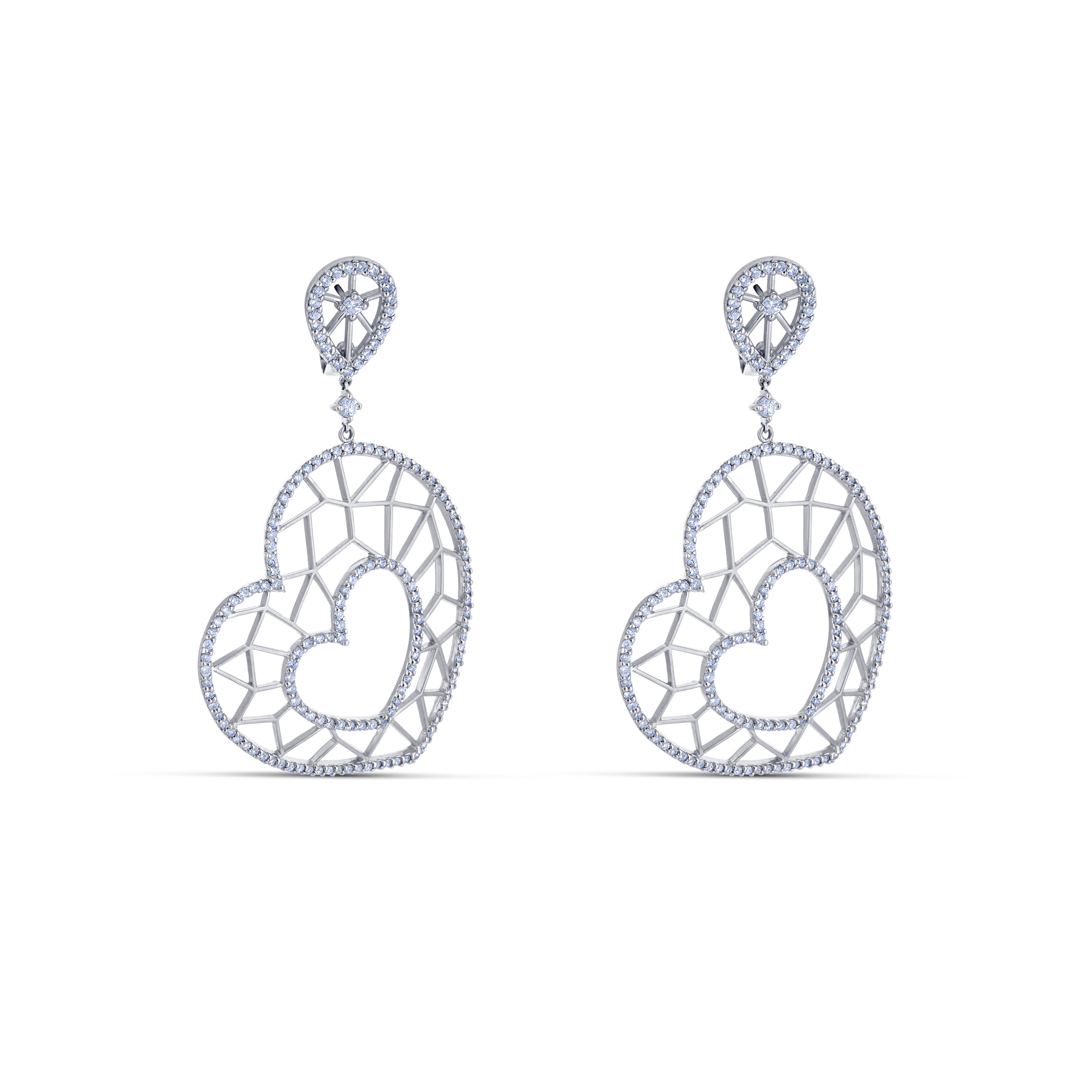 14K White Gold Pavé Diamond Heart Dangle Earrings