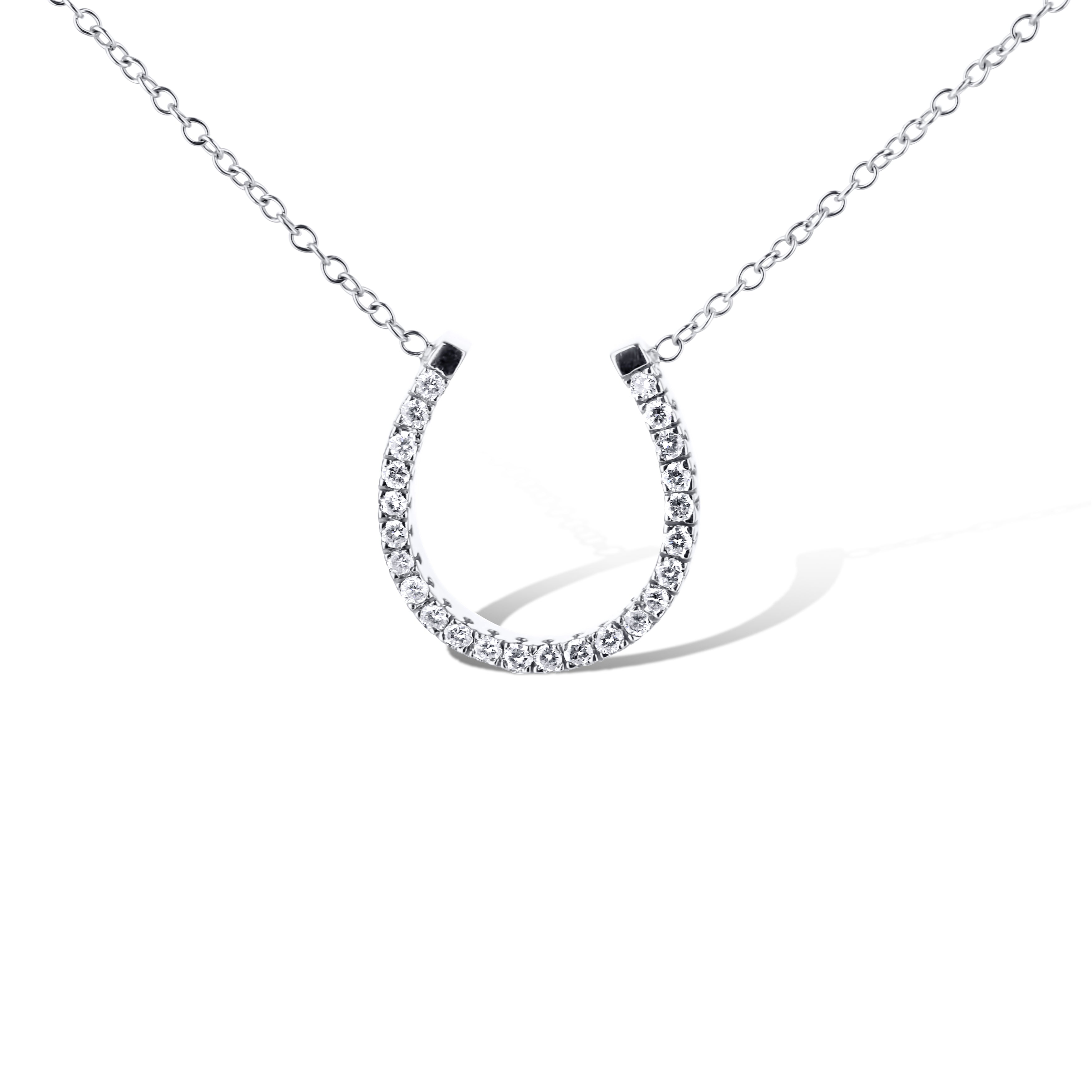 14K White Gold Diamond Horseshoe Pendant Necklace